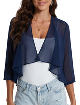 Garvee Bolero estivo da donna in chiffon, cardigan, manica 3/4, blu navy, elegante e leggero, taglia XL