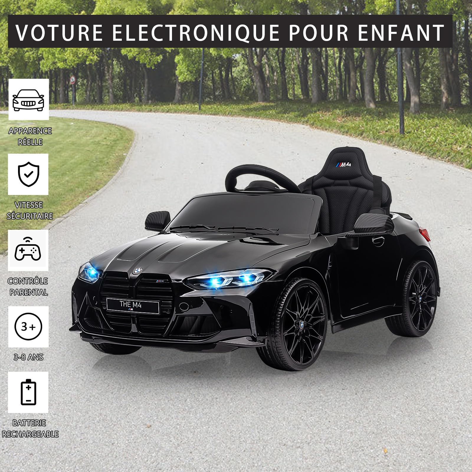 Garvee Kids Electric Car 12V con licenza BMW M4 con telecomando 2.4G, USB, musica LED, stabile, sicura, multicolore