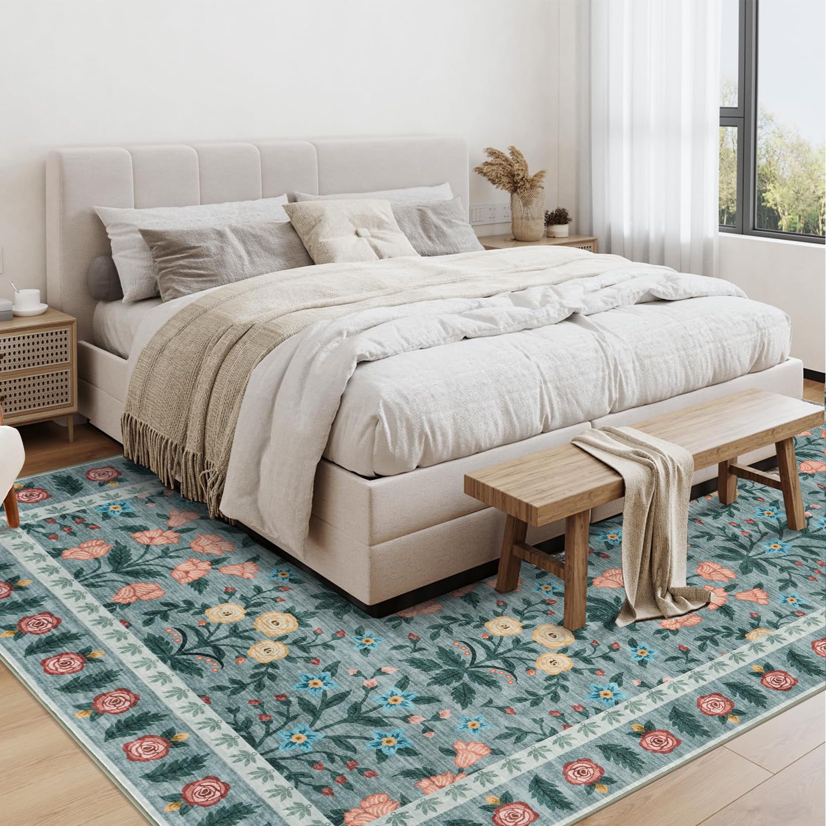 Tappeto decorativo Garvee per interni Boho, motivo floreale nero, antiscivolo, a pelo corto, 160x230 cm, per soggiorno, cameretta dei bambini, sala giochi