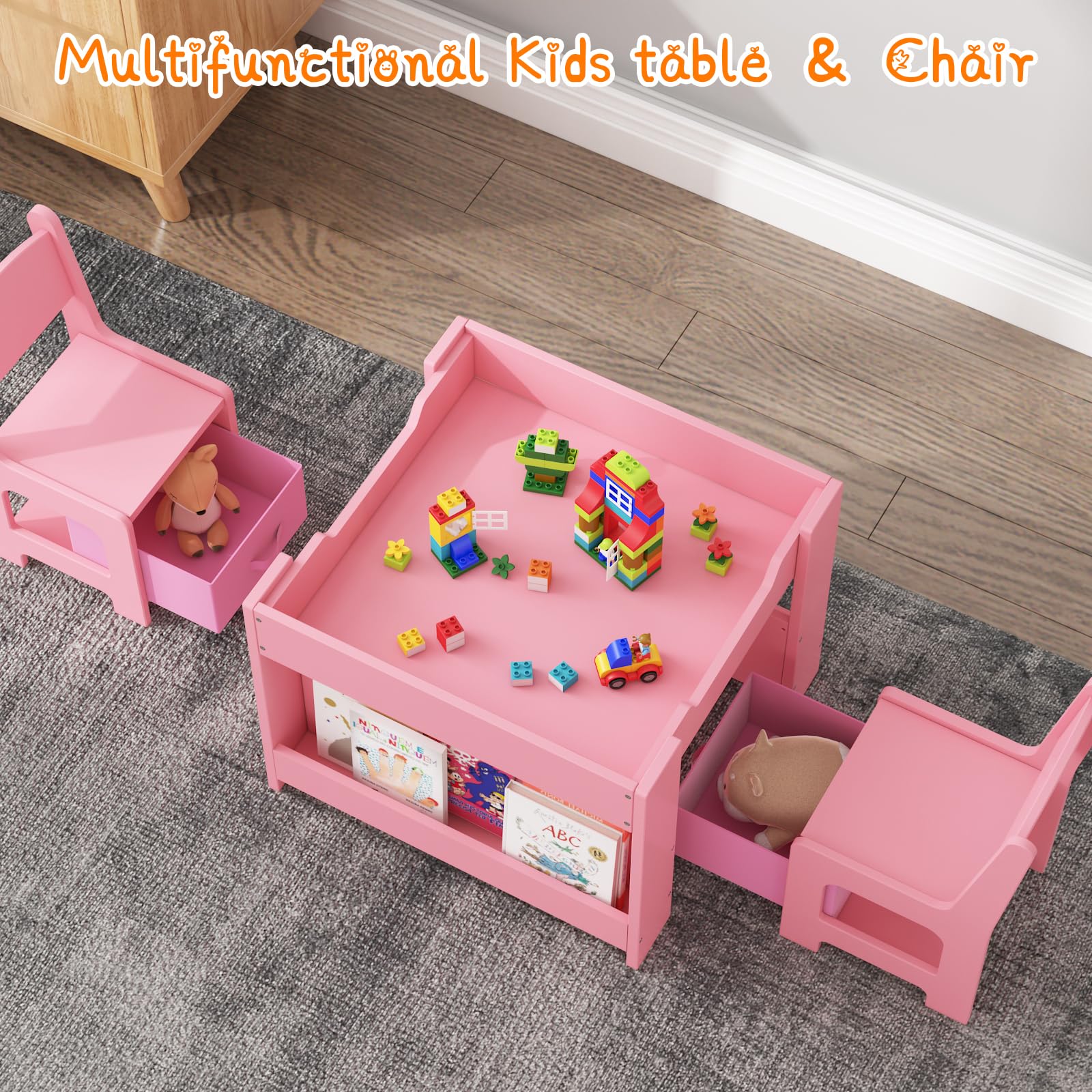 Set tavolo e sedie per bambini Garvee, tavolo da attività 4 in 1 con contenitore, in legno, superficie di scrittura bifacciale, per sala giochi e asilo