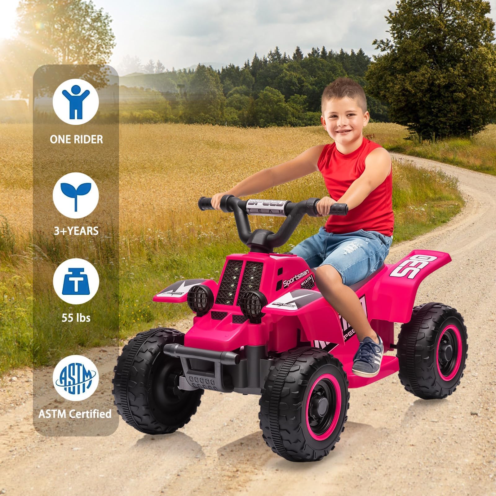 Quad elettrico per bambini Garvee 6V rosso rosa con musica a LED per una guida sicura a partire dai 3 anni, sia all'interno che all'esterno.