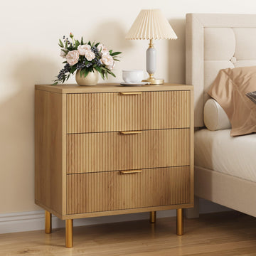 Cassettiera Garvee a 3 cassetti, moderna in legno con gambe in metallo, pannello scanalato, per camera da letto e ufficio, 28"P x 17"L x 30"A, oro