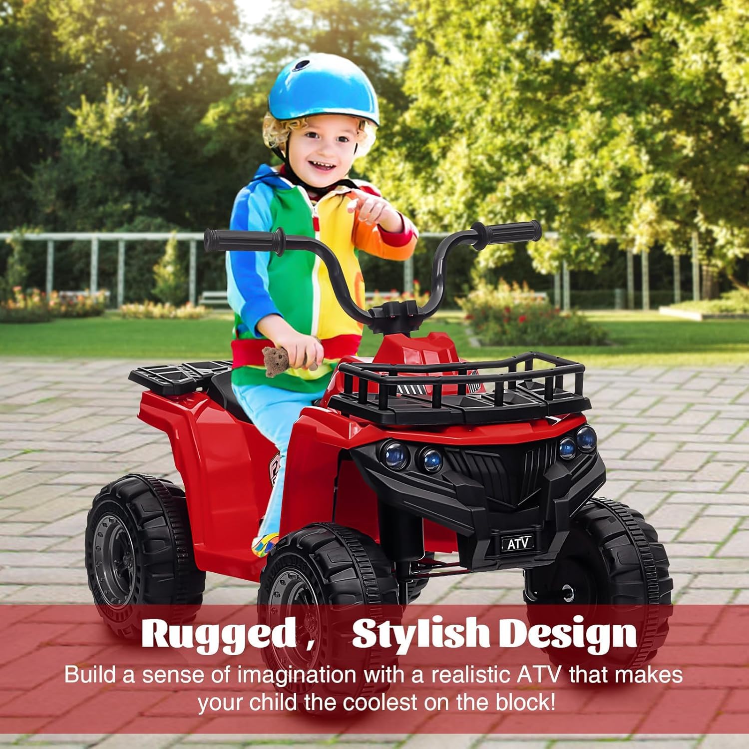 Quad elettrico Garvee 12V per bambini dai 2 ai 5 anni, auto giocattolo elettrica ATV con luci a LED, musica, design antiurto, giocattolo robusto per esterni, controllo sicuro della velocità, batteria da 12V