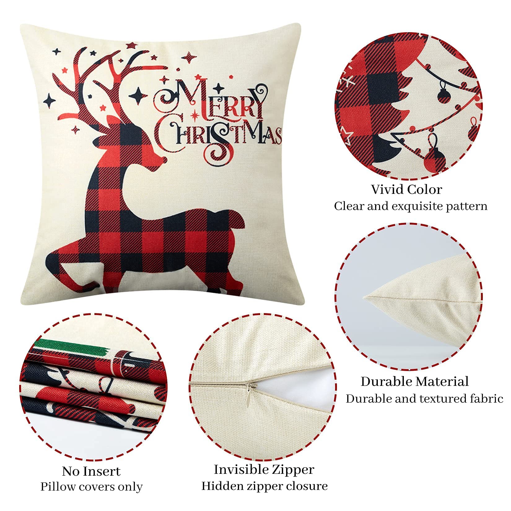 GARVEE Federa per cuscino natalizio rosso con motivo a cervo, 4 pezzi, per decorazione divano, 45 x 45 cm, motivo tartan