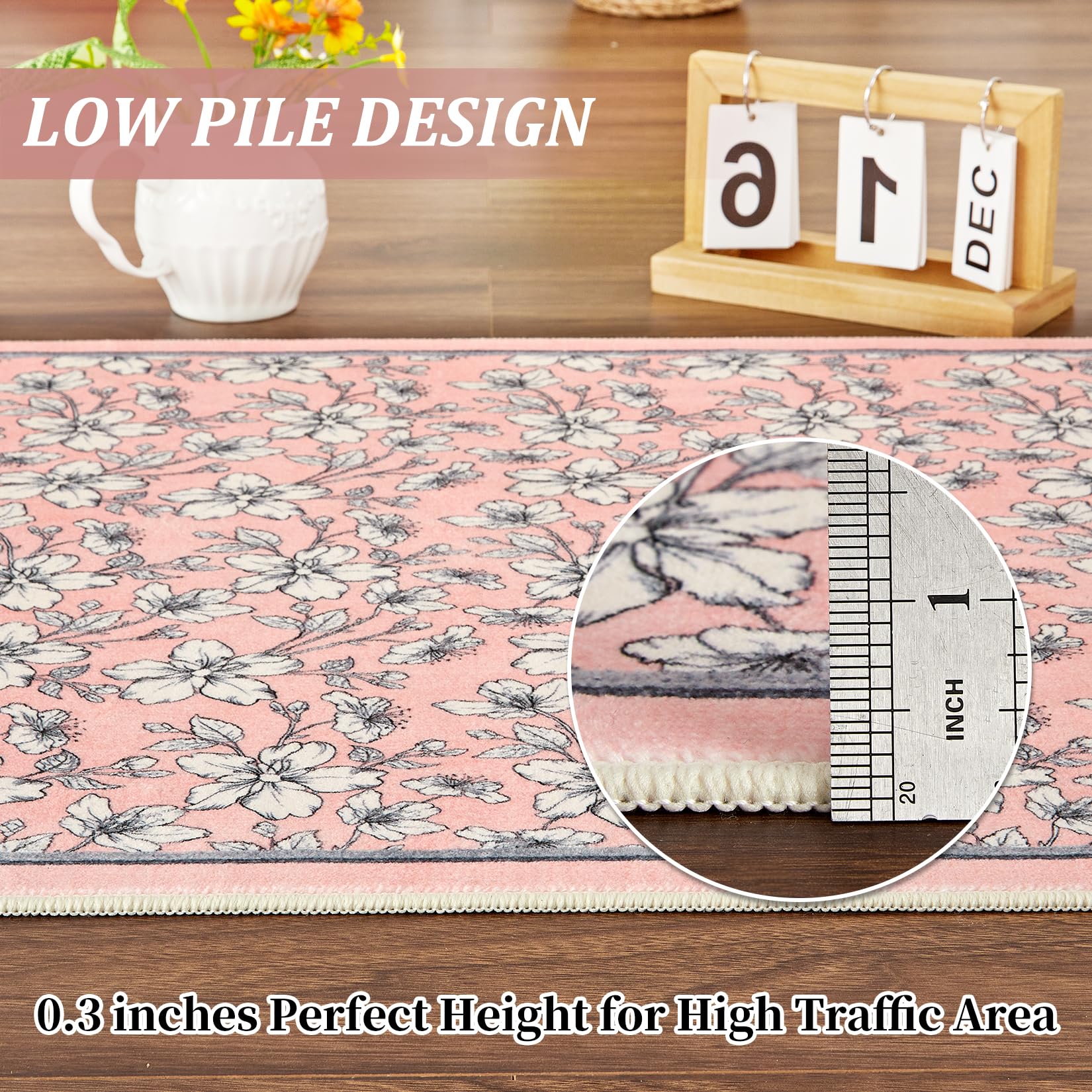 Tappeto per soggiorno Garvee lavabile con motivo floreale vintage, pelo corto, antiscivolo, morbido, grande, 160x230 cm, rosa