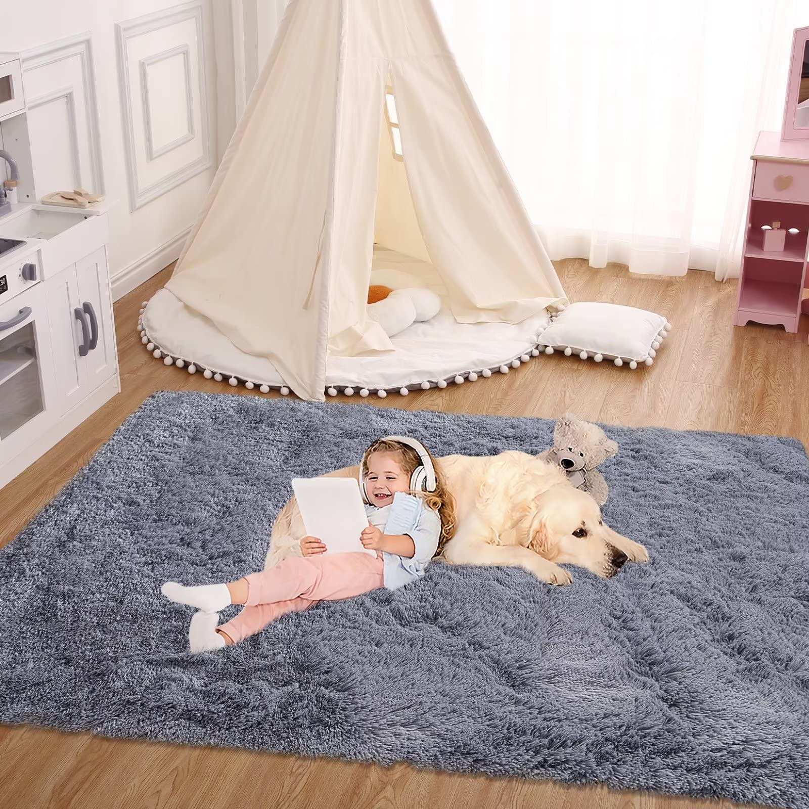 Tappeto rotondo Garvee Fluffy da 2'7,5" per la cameretta dei bambini, morbido pelo lungo da 1,5" in velluto antiscivolo grigio