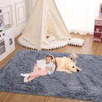 Tappeto rotondo Garvee Fluffy da 2'7,5" per la cameretta dei bambini, morbido pelo lungo da 1,5" in velluto antiscivolo grigio
