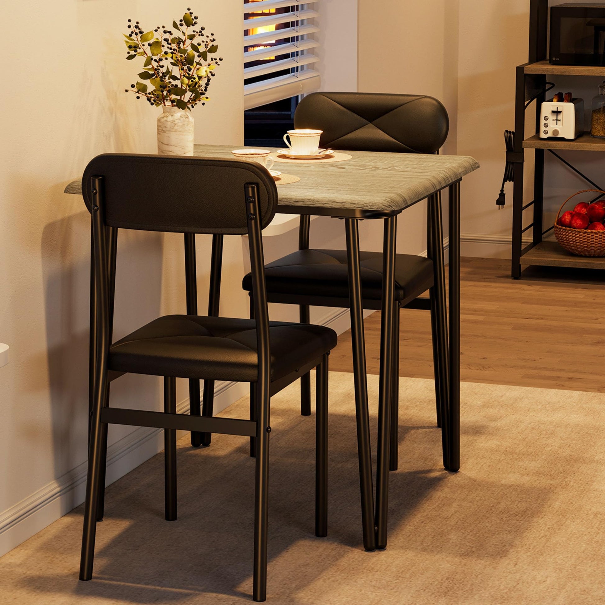 Set da pranzo Garvee per 2 persone con sedie imbottite, MDF e metallo, compatto per piccoli spazi, grigio vintage nero