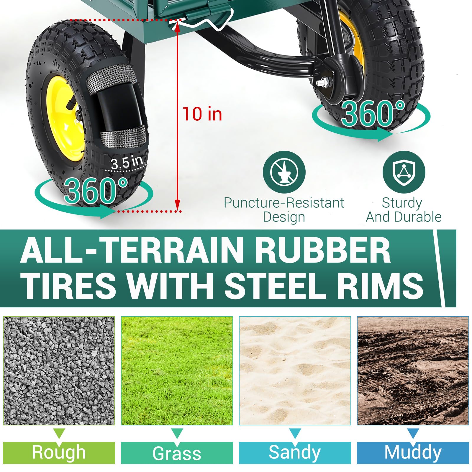 Carrello da Giardino in Acciaio Garvee per Festa del Papà | 550 libbre, Maniglia 180° Girevole, Ruote Pneumatiche 10", Lati Rimovibili, Nero