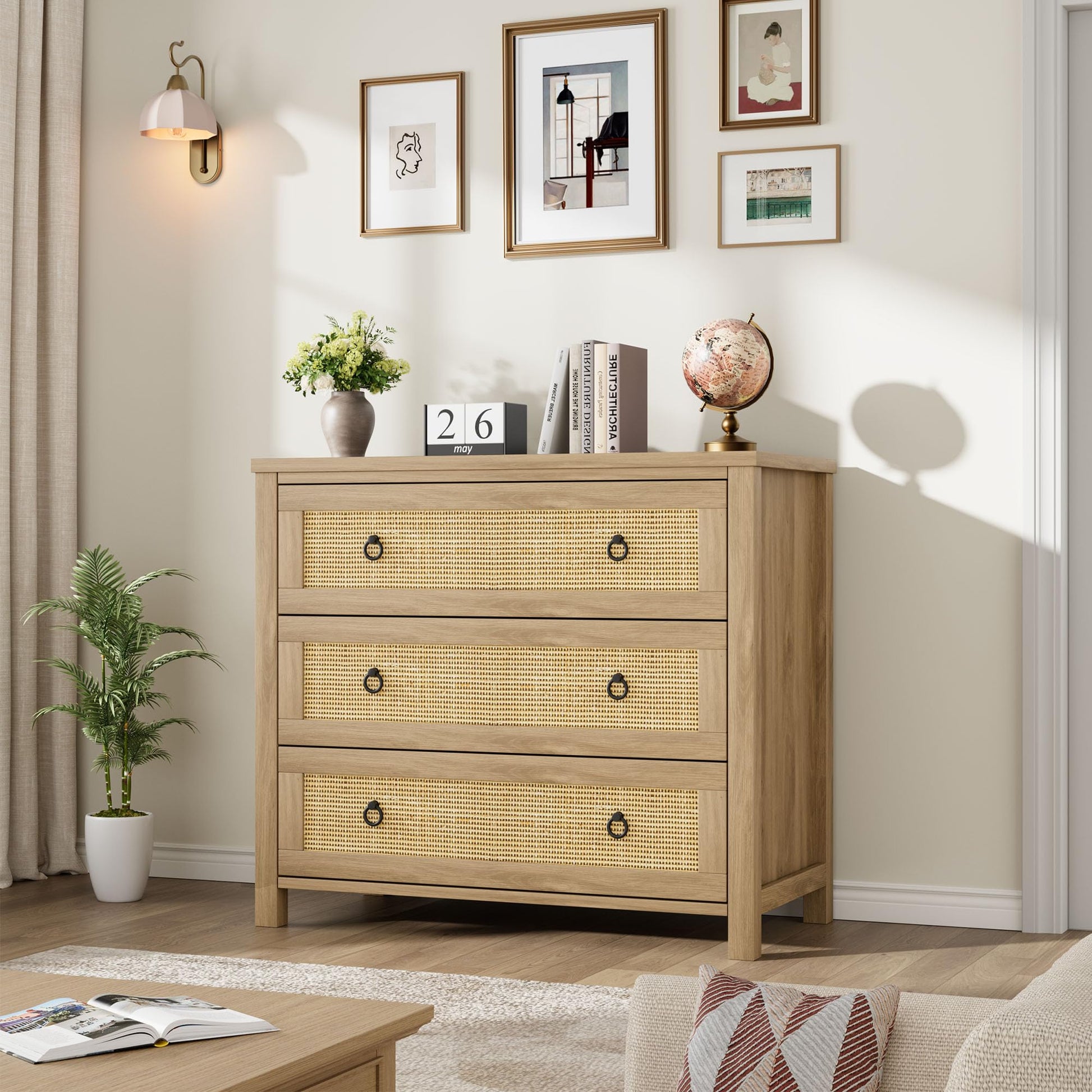 Cassettiera in rattan Garvee da 29" in legno per camera da letto, 3 cassetti, robusta, molto spaziosa, soggiorno, cameretta dei bambini