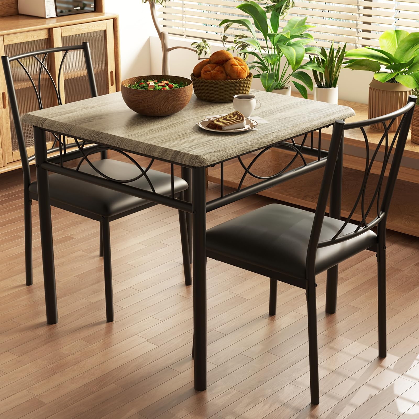 Set da pranzo Garvee da 3 pezzi per 2 persone, tavolo quadrato con sedie imbottite, legno MDF, grigio rustico, compatto per cucina e sala da pranzo