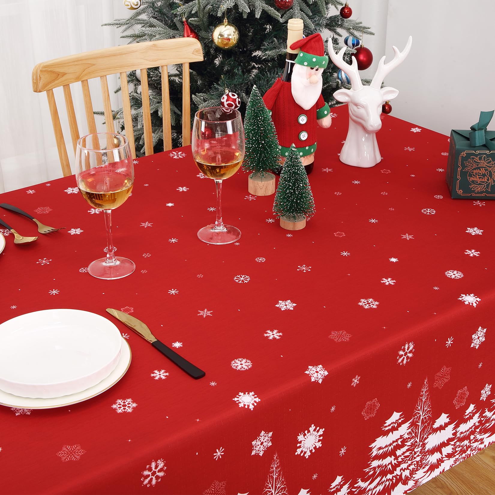 Tovaglia natalizia rettangolare Garvee - Fiocco di neve rosso - Impermeabile - 137x274 cm - Tovaglia festiva per Natale e Capodanno