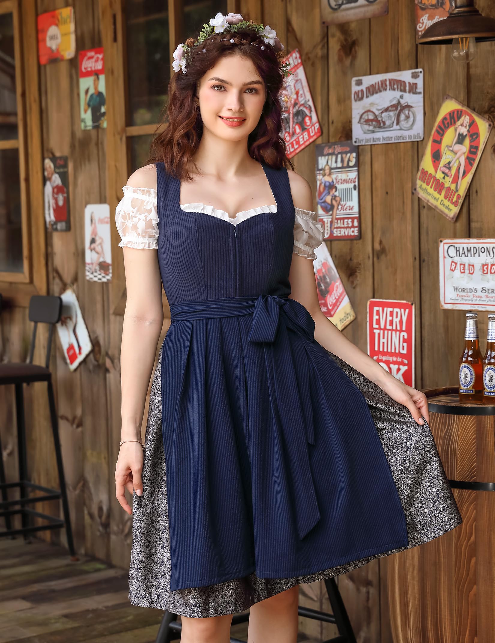 Garvee - Set da 3 pezzi in Dirndl tradizionale midi da donna per Oktoberfest, Carnevale e Martedì Grasso, blu, taglia 36, tradizionale, elegante, di alta qualità