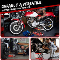 Sollevatore per moto Garvee da 1200 libbre, supporto a forbice per impieghi gravosi con ampia piattaforma e perno di sicurezza per moto da cross e moto da strada, pieghevole, telaio a X in acciaio, cuscinetti in gomma