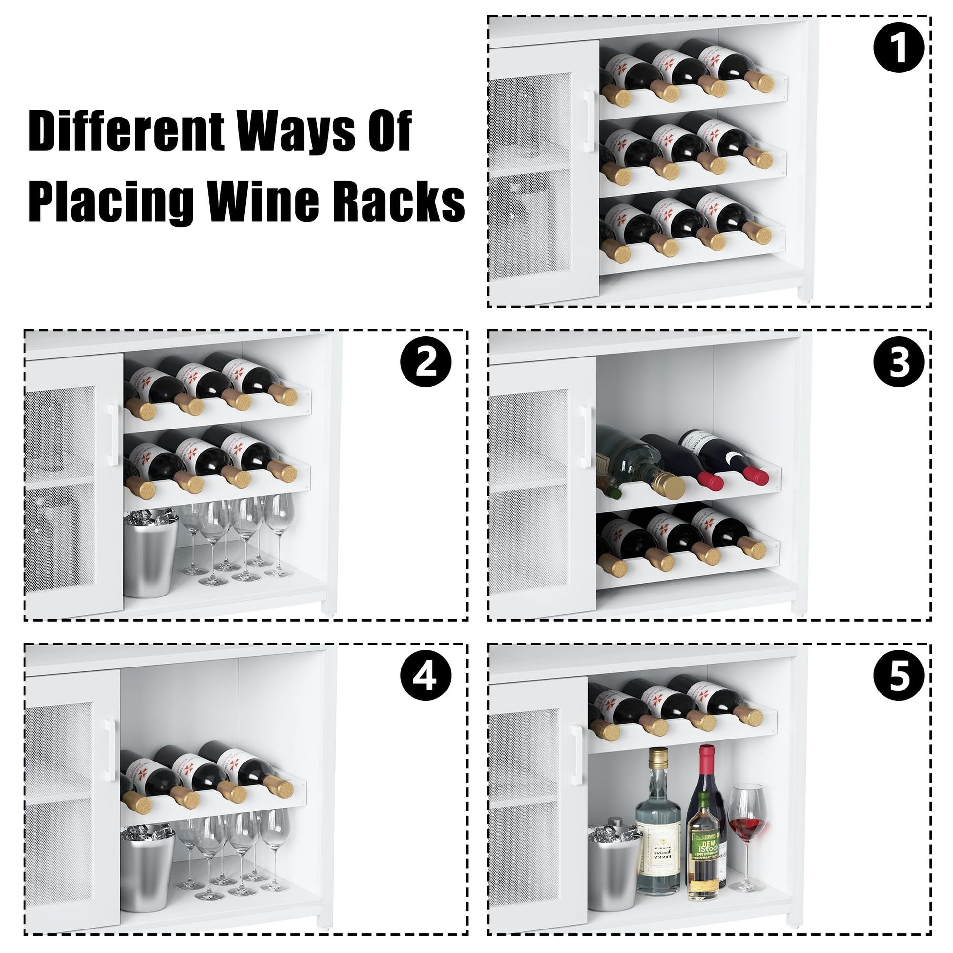 Mobile bar per vino Garvee, 3 ripiani con portabottiglie rimovibile per cucina e bar, 69,1 cm L x 35,1 cm P x 91,9 cm A, bianco, robusto MDF e ferro