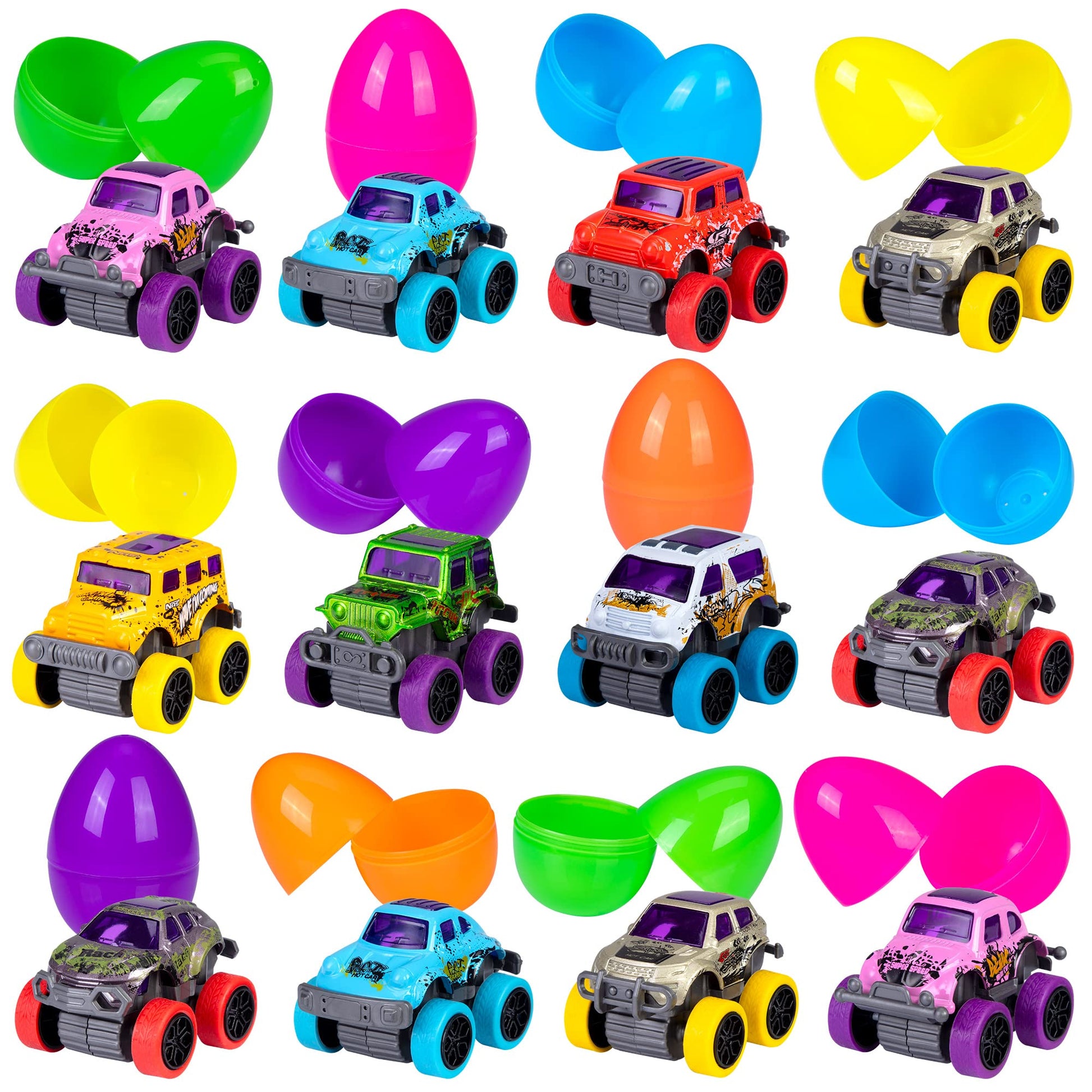 Set di 12 uova di Pasqua Garvee con monster truck a scomparsa, disegni di graffiti colorati, 3,1 pollici*2,1 pollici, multicolore per la caccia alle uova di Pasqua e le feste per bambini