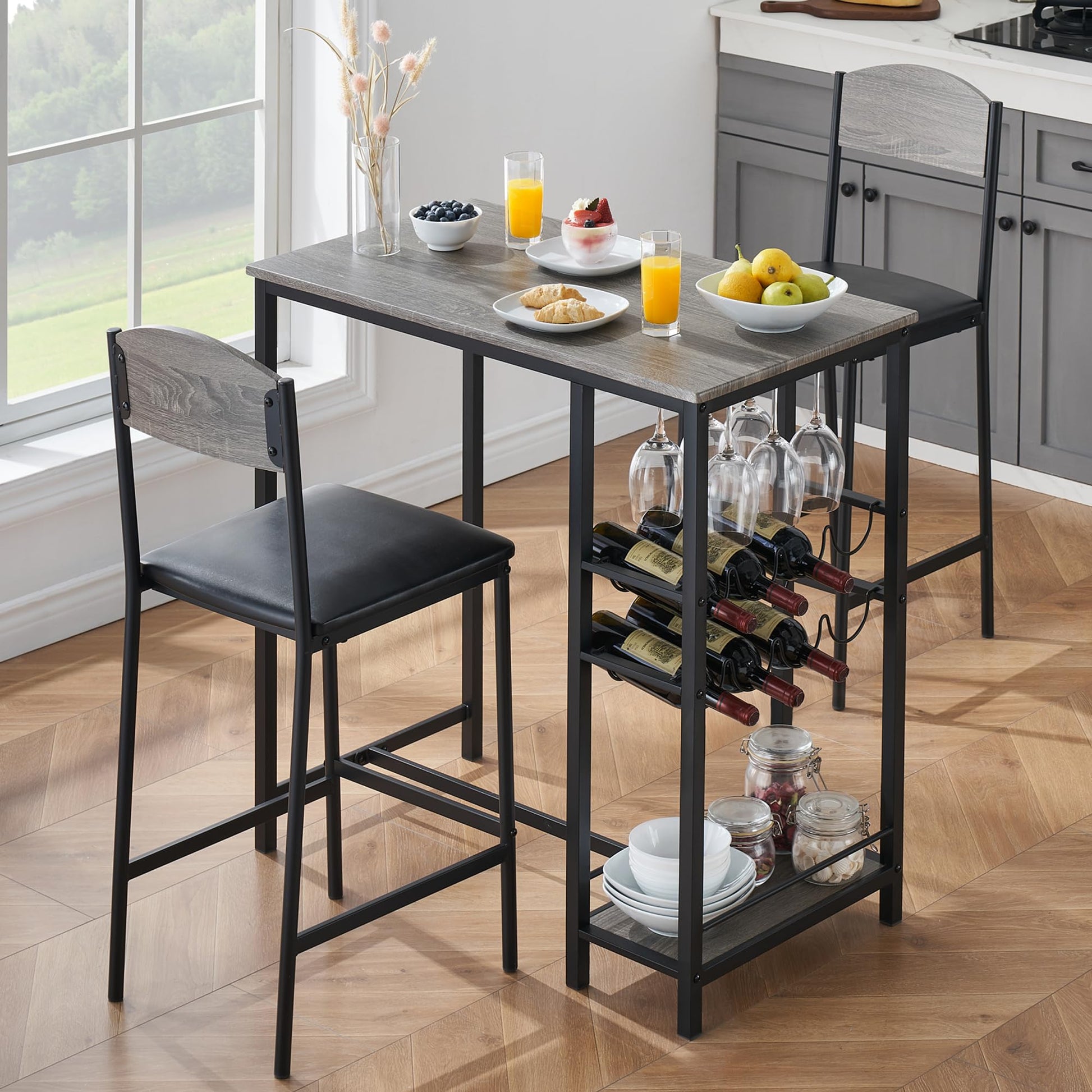 Set tavolo da bar Garvee per 2 persone con poggiapiedi, sedie imbottite, metallo robusto e MDF, grigio, per cucina e bar