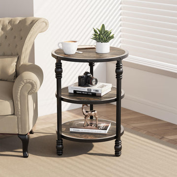 Tavolino rotondo Garvee con 3 ripiani, gambe di supporto in metallo, effetto legno MDF rustico, rovere scuro, per soggiorno e camera da letto