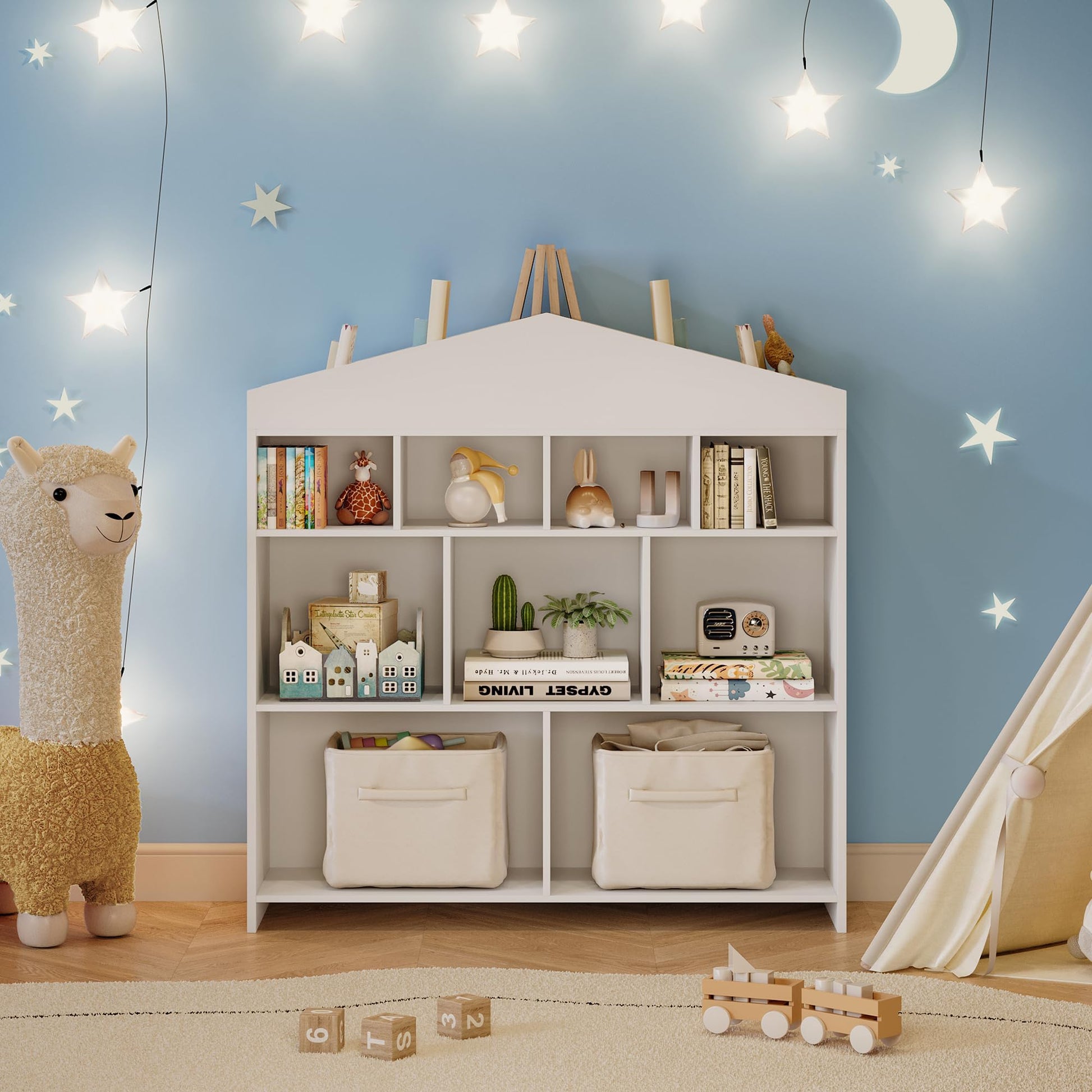 Garvee Libreria per Bambini con 9 Cubi di Stoccaggio, Organizer Giocattoli, Design a Casetta, Legno Robusto, Antiribaltamento, Facile da Pulire, per Cameretta e Asilo, 39.4x40.7x11.8 Pollici, Naturale