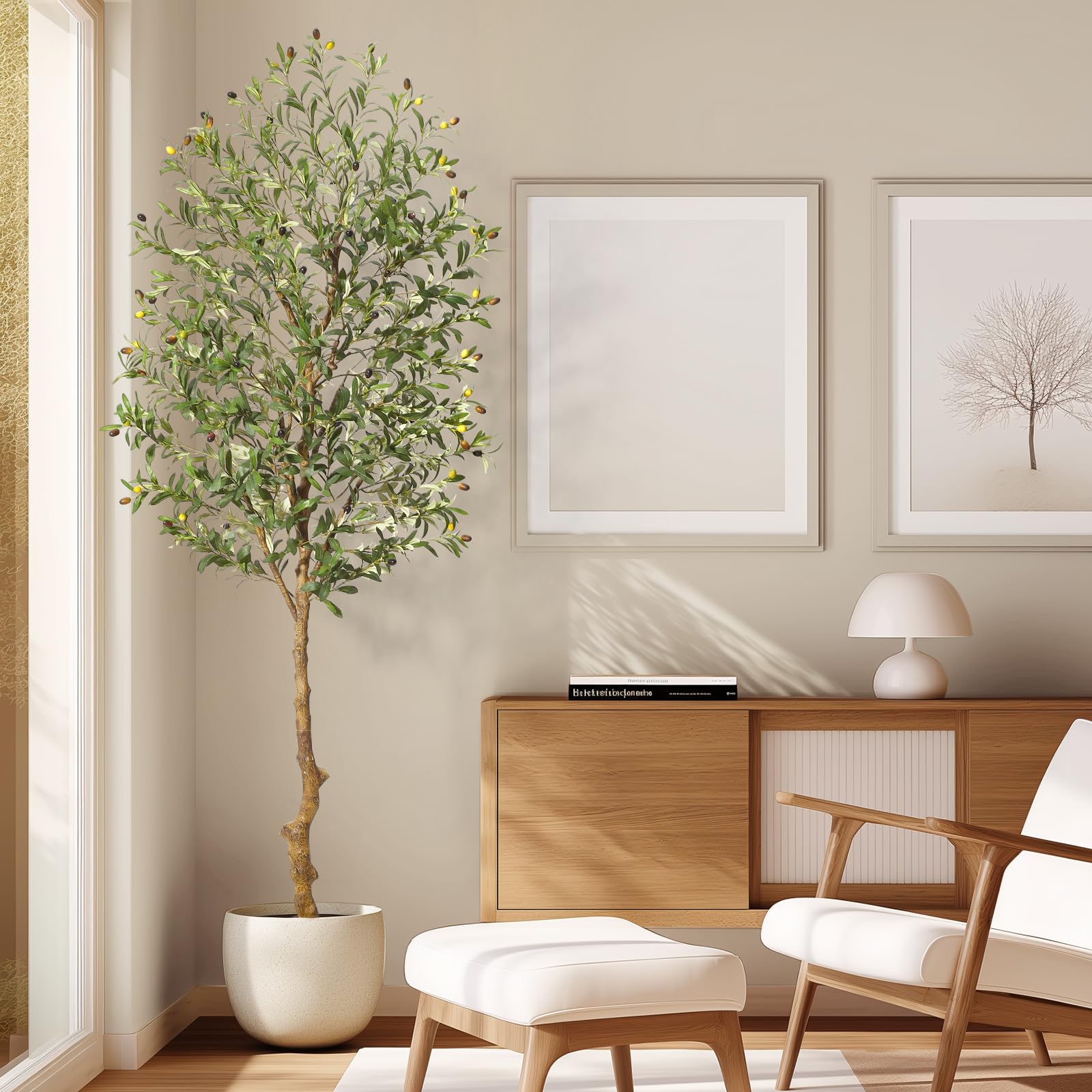 Albero di ulivo artificiale Garvee da 7 piedi con tronco realistico, foglie di seta e vaso di cemento stabile per l'arredamento del soggiorno e dell'ufficio, verde