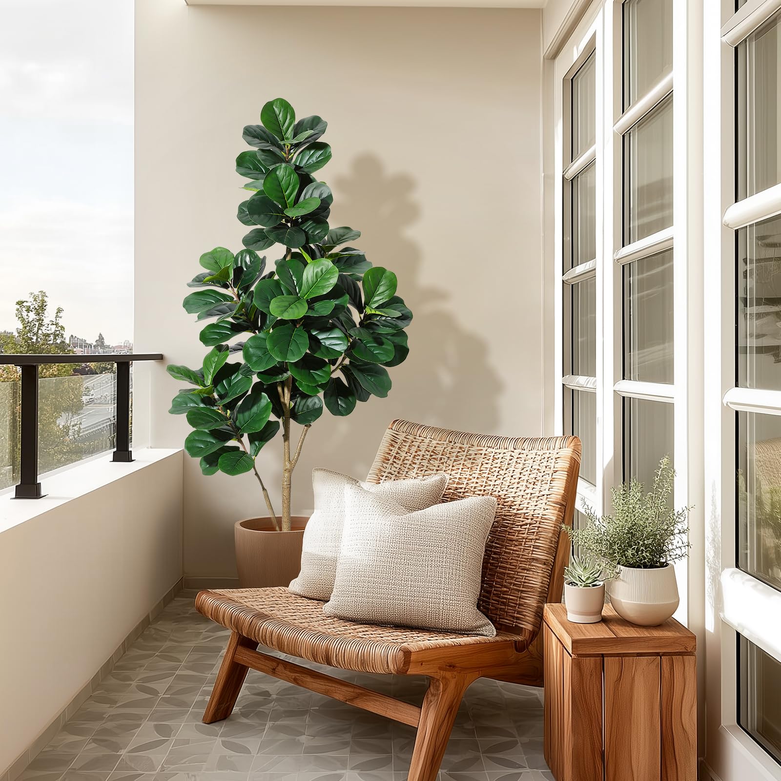 Albero artificiale di Ficus Lyrata Garvee da 6 piedi con 108 foglie, vaso bianco da 9 pollici, soggiorno e ufficio, facile da pulire