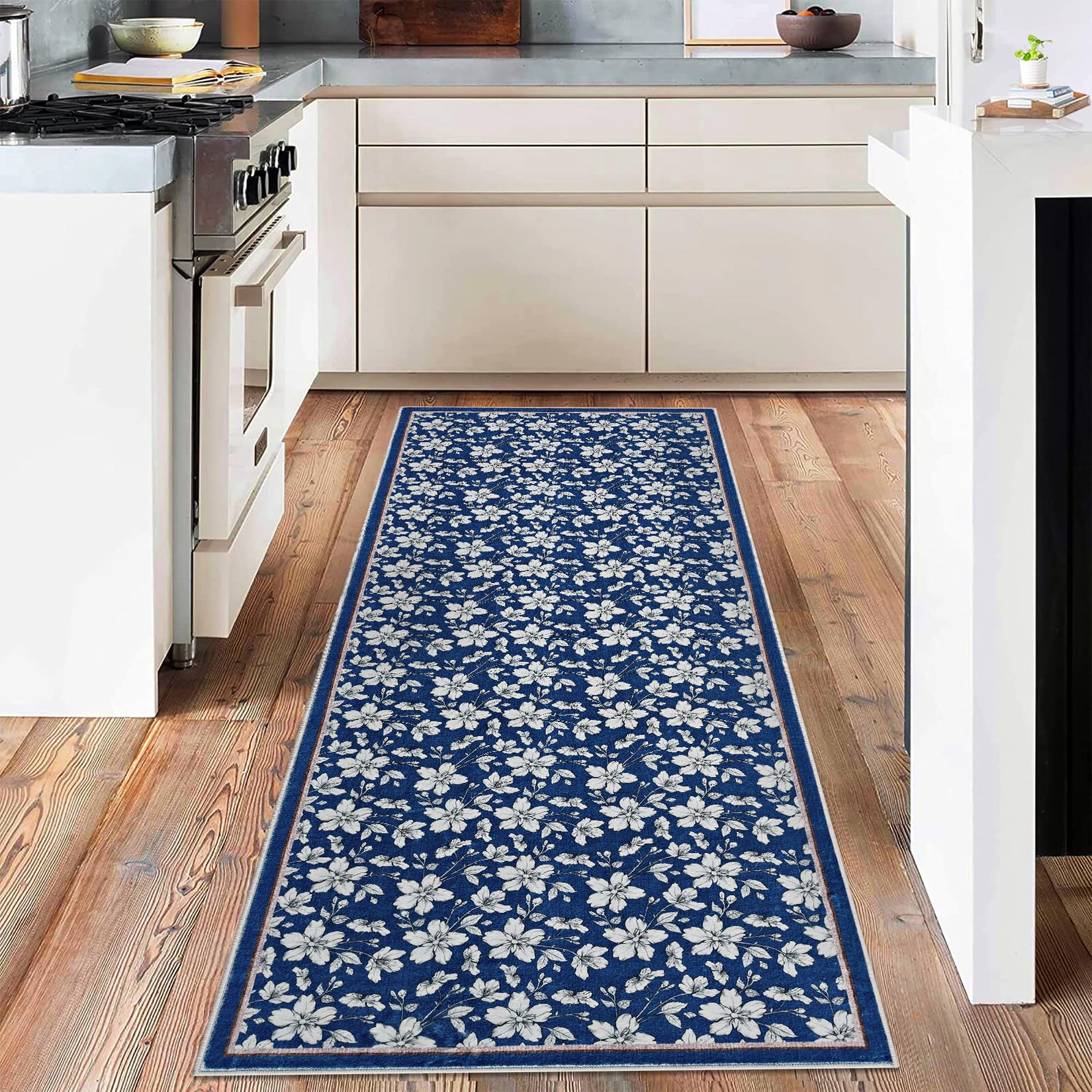 Tappeto per soggiorno Garvee 80 x 150 cm a pelo corto, antiscivolo, vintage, floreale, lavabile, blu