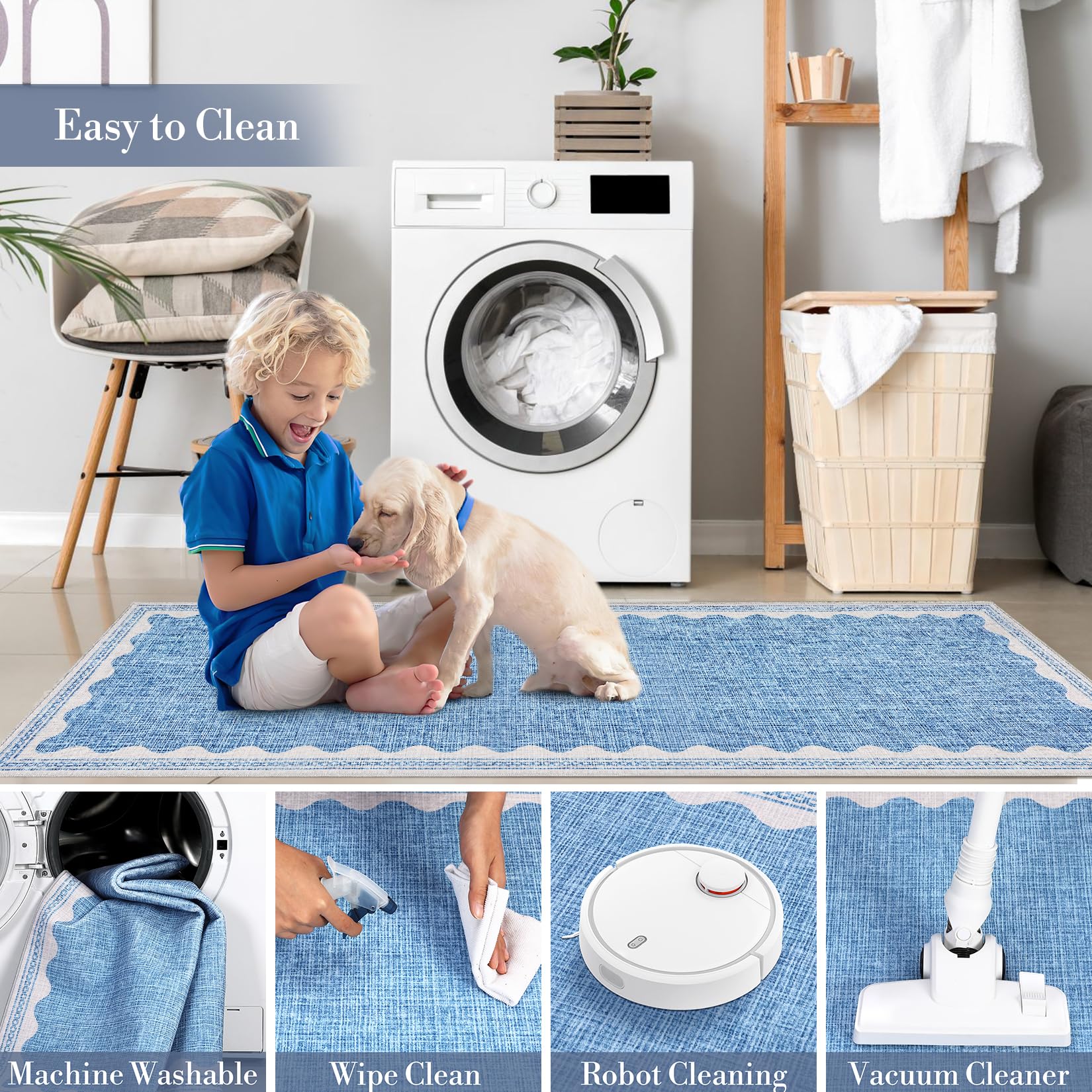 Tappeto moderno per soggiorno Garvee 120x170cm, lavabile, antiscivolo, a pelo corto, antimacchia, blu