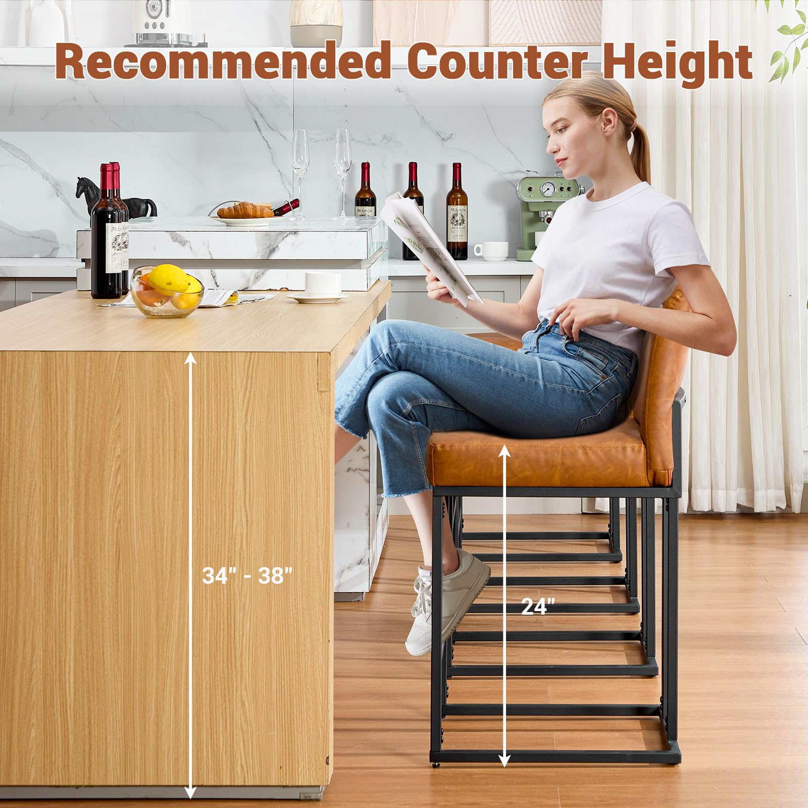 Set di 2 sgabelli da bar Garvee da 24", in similpelle, ergonomici e stabili, struttura in metallo con poggiapiedi, moderni, marroni, per isola cucina e bar