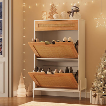 Scarpiera in rattan naturale Garvee con 2 ante a ribalta, cassetto, ripiani regolabili, bianco e rovere per corridoio e ingresso