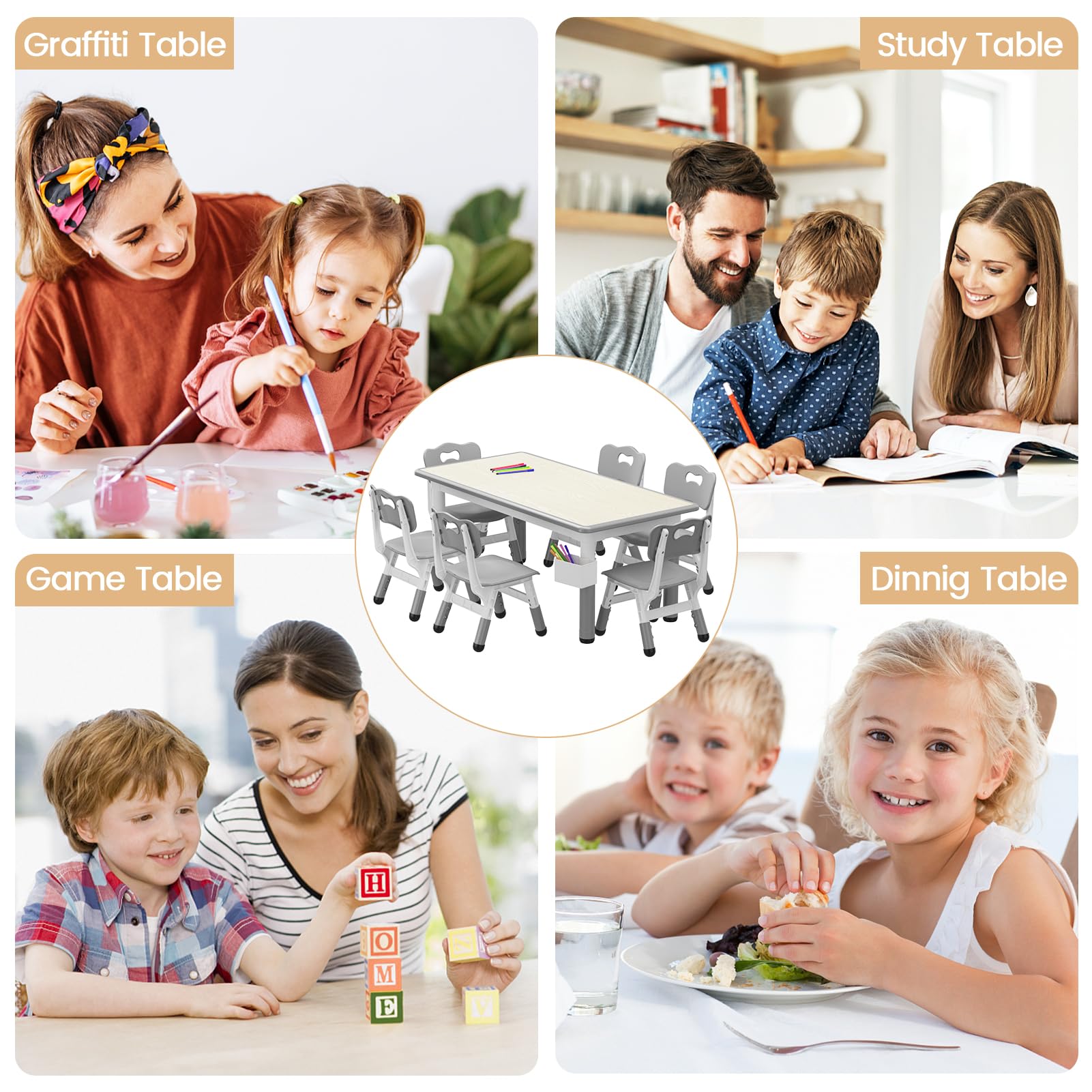 Set tavolo e 6 sedie per bambini Garvee, altezza regolabile, design graffiti, piano del tavolo con gambe antiscivolo, design in legno, per l'asilo e l'uso domestico