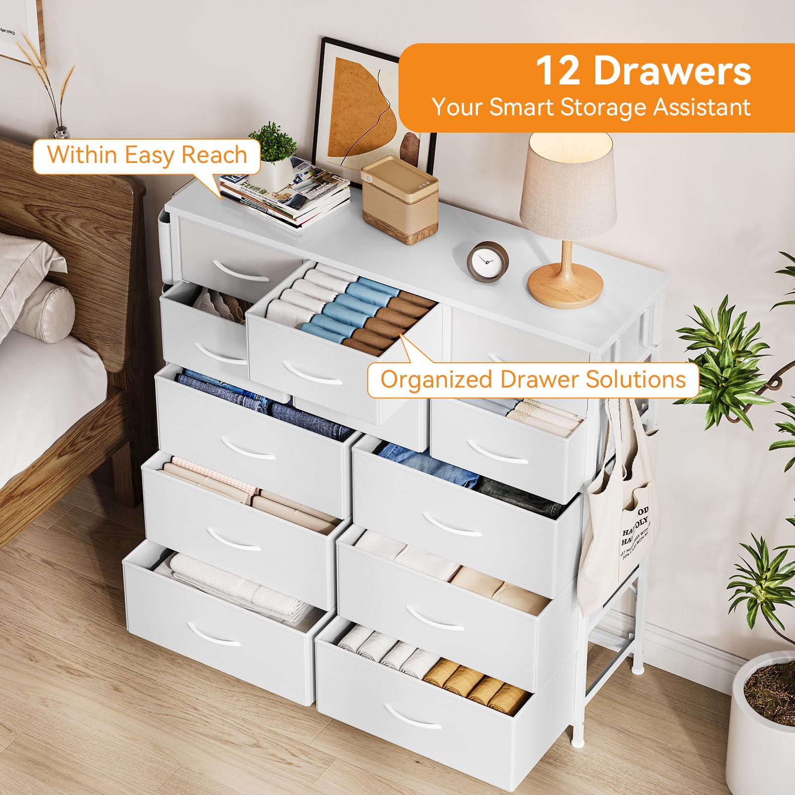 Cassettiera in tessuto Garvee bianca a 12 cassetti con tasche laterali per camera da letto e soggiorno, robusta, leggera, versatile