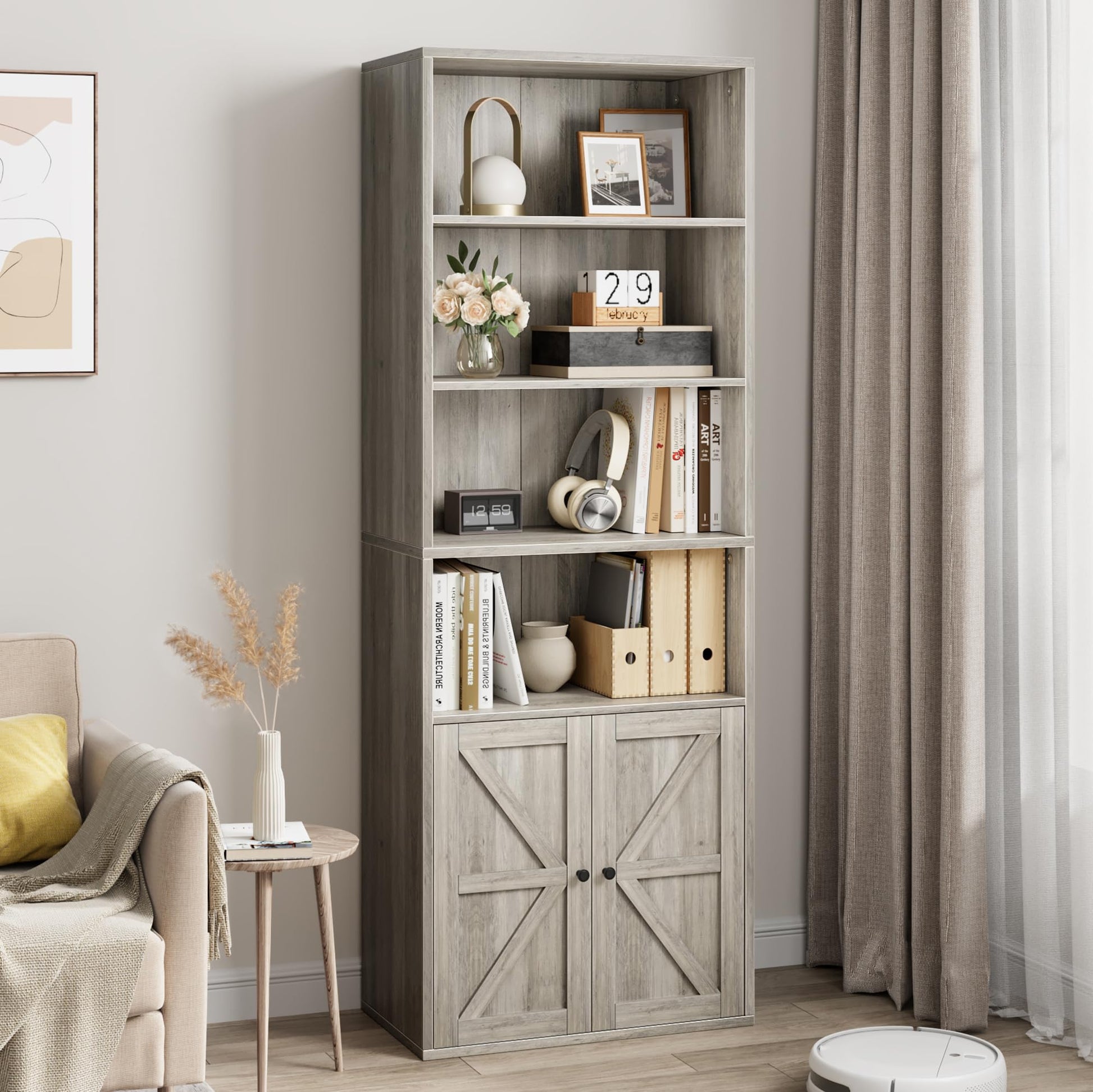 Libreria Garvee con ante, stile industriale, 6 ripiani, design rustico, legno, profondità 11,8", grigio, per soggiorno, ufficio, camera da letto
