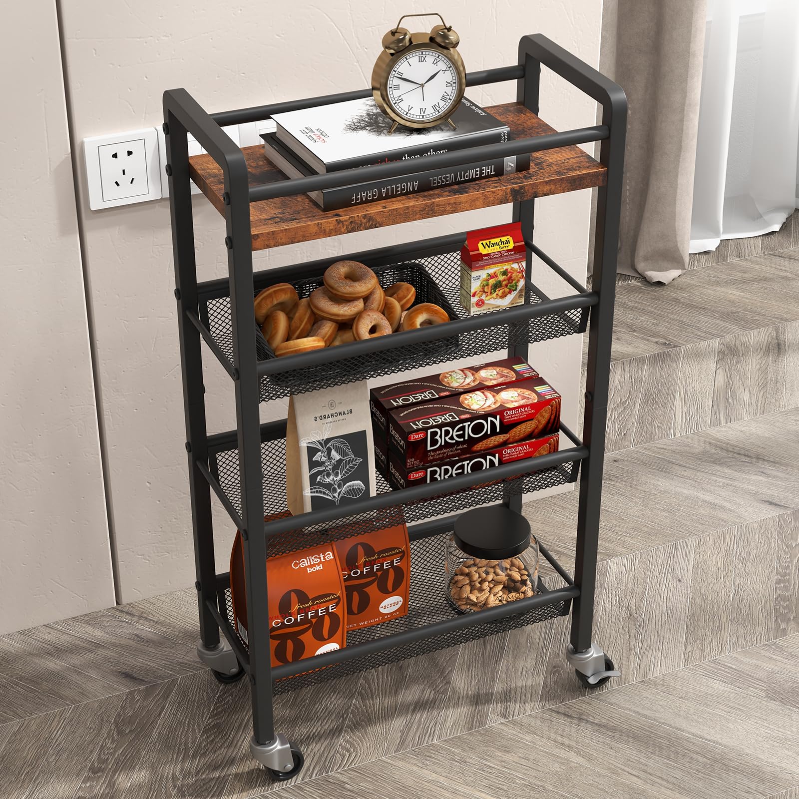 Garvee Chariot De Rangement À 4 Niveaux Mit Paniers Extractibles Und Roulettes Für Küche und Service, 41.3x20.2x81.7 cm, Braun Schwarz