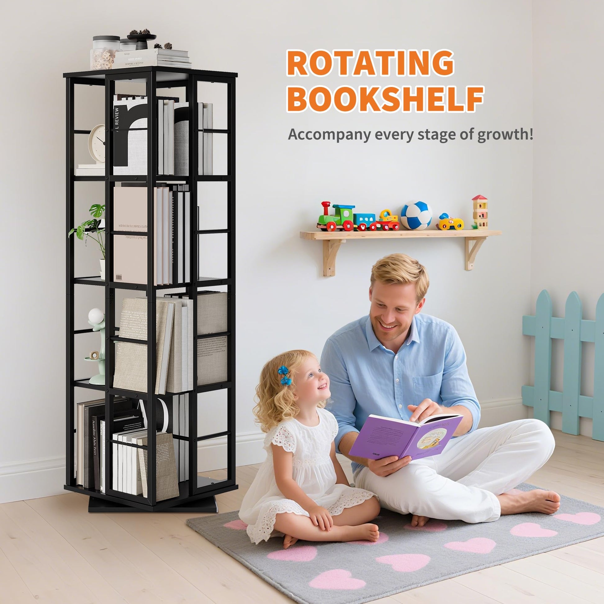 Libreria girevole Garvee, scaffale angolare a 4 ripiani, girevole a 360°, legno e metallo, soggiorno, ufficio, 54 pollici, marrone