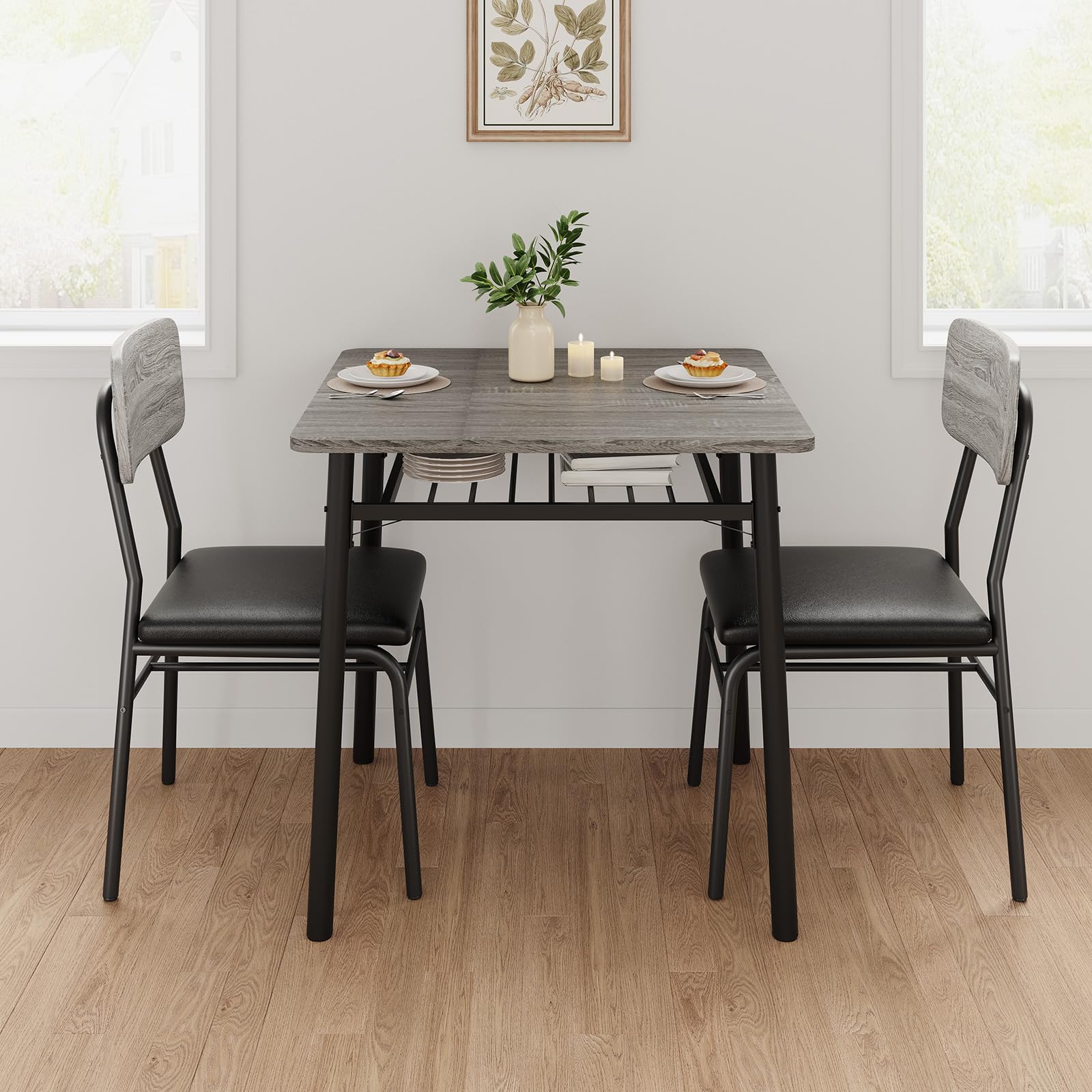 Tavolo da pranzo Garvee per 2 persone con contenitore, struttura in metallo, sedie imbottite, piano in legno MDF, grigio, cucine e appartamenti piccoli