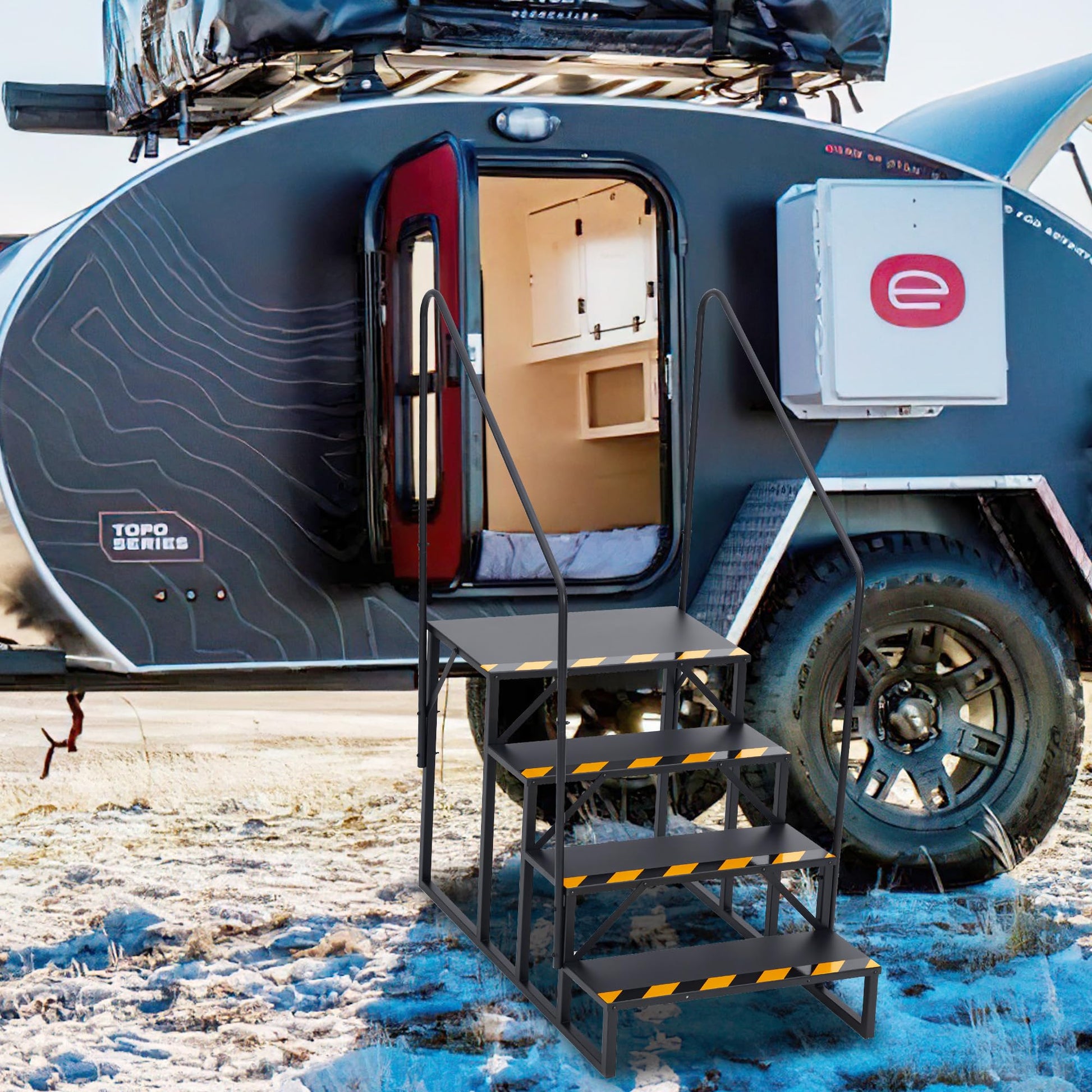 Scala portatile per camper Garvee a 4 gradini con corrimano, acciaio, nastri antiscivolo per roulotte e uso esterno, 400 libbre, nero