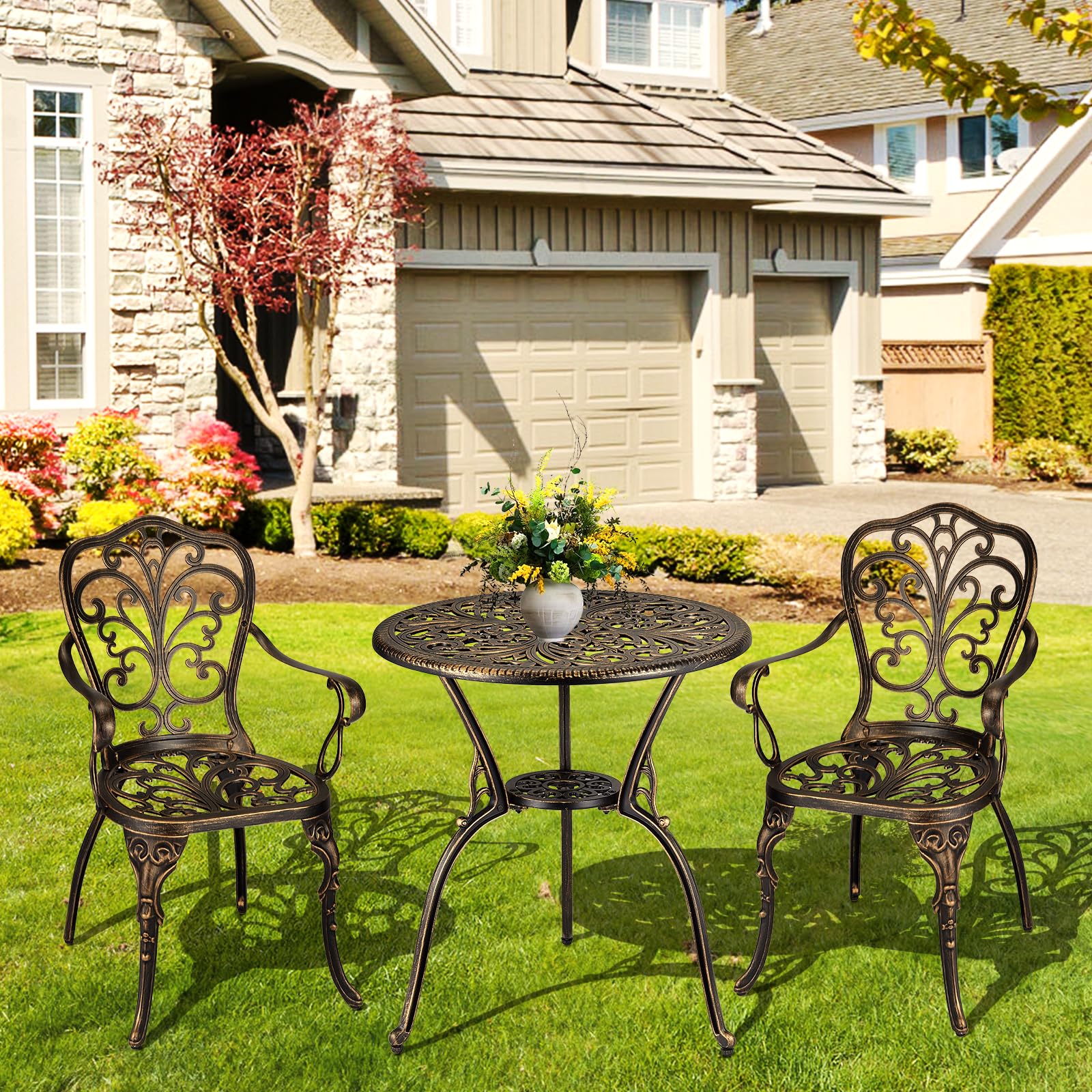 Set da esterno Garvee da 3 pezzi in alluminio pressofuso con foro per ombrellone per giardino, balcone, terrazza, finitura in ottone retrò, robusto ed elegante