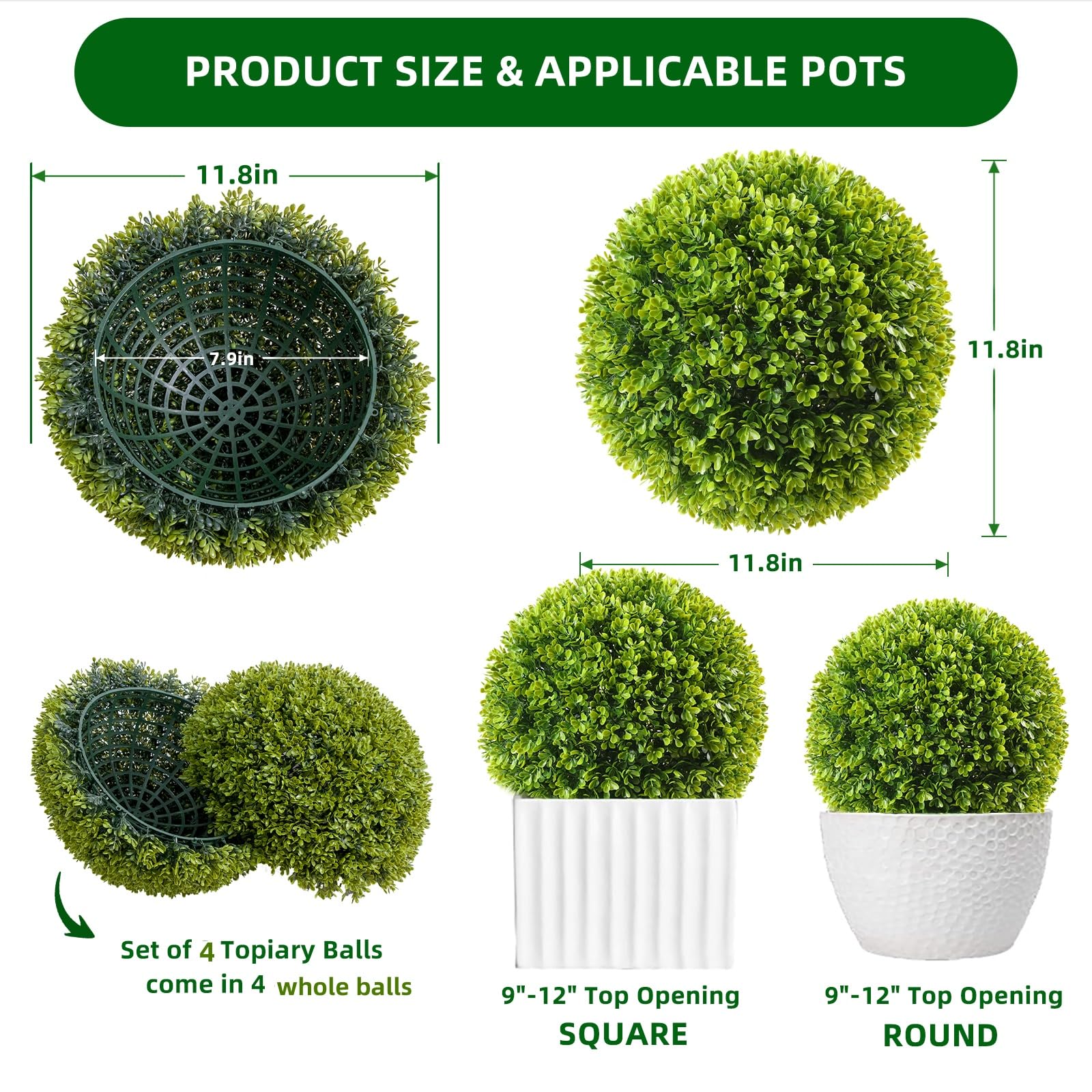 Garvee Artificial Bosso Balls 11,8 pollici Set di 4 Materiale PE resistente ai raggi UV e senza manutenzione per uso interno ed esterno Verde