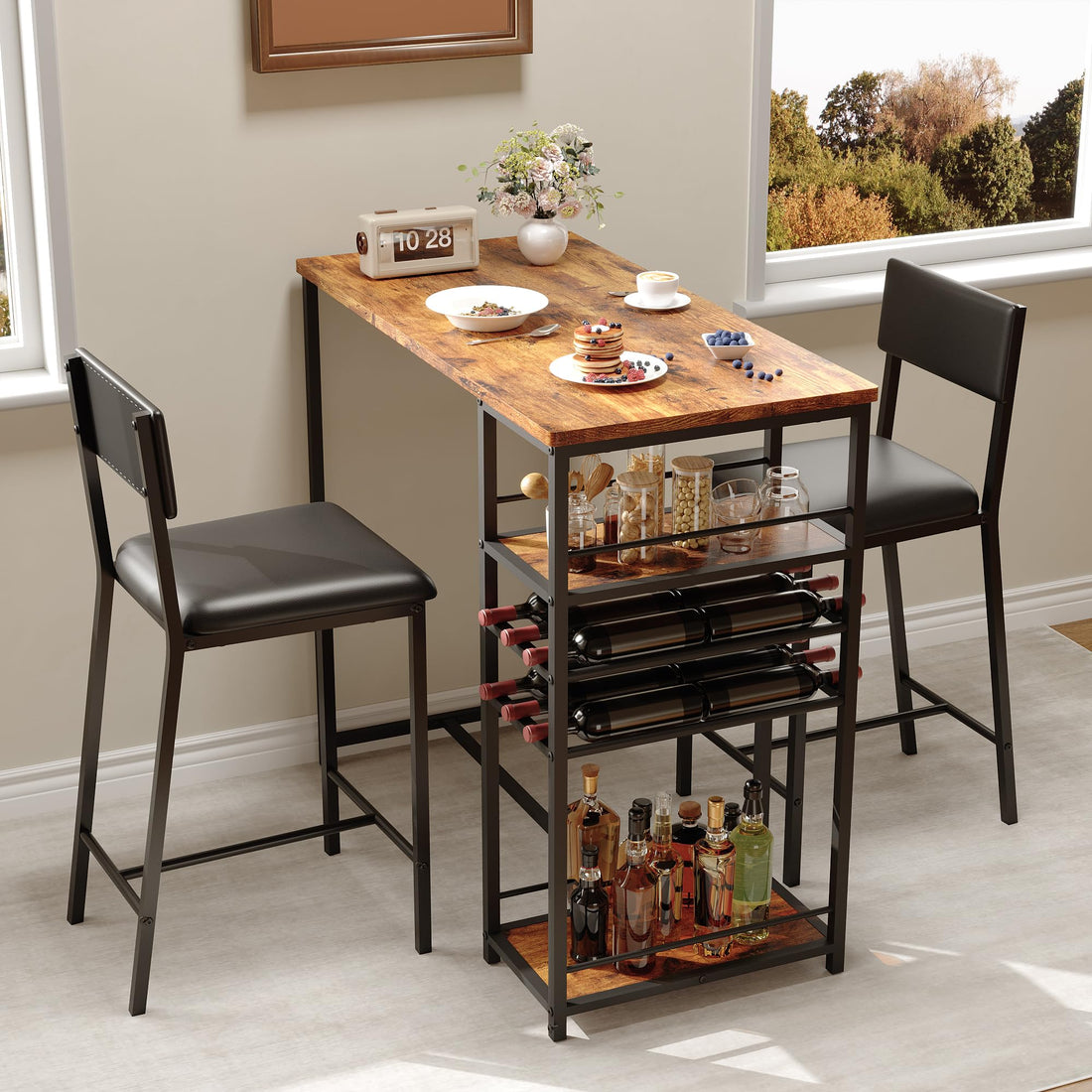 Tavolo da pranzo piccolo Garvee per 2 persone con 4 ripiani, portabottiglie, sedute imbottite, struttura in acciaio robusto, salvaspazio per cucine e studi di piccole dimensioni