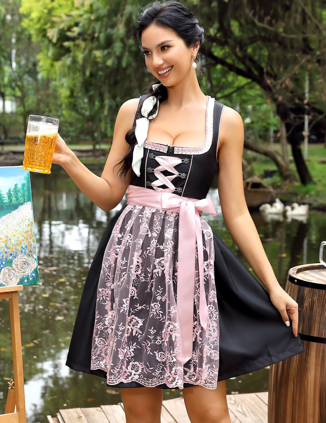 Garvee Dirndl da donna, abito tradizionale midi in 2 pezzi, corto con grembiule, nero/rosa, taglia 34