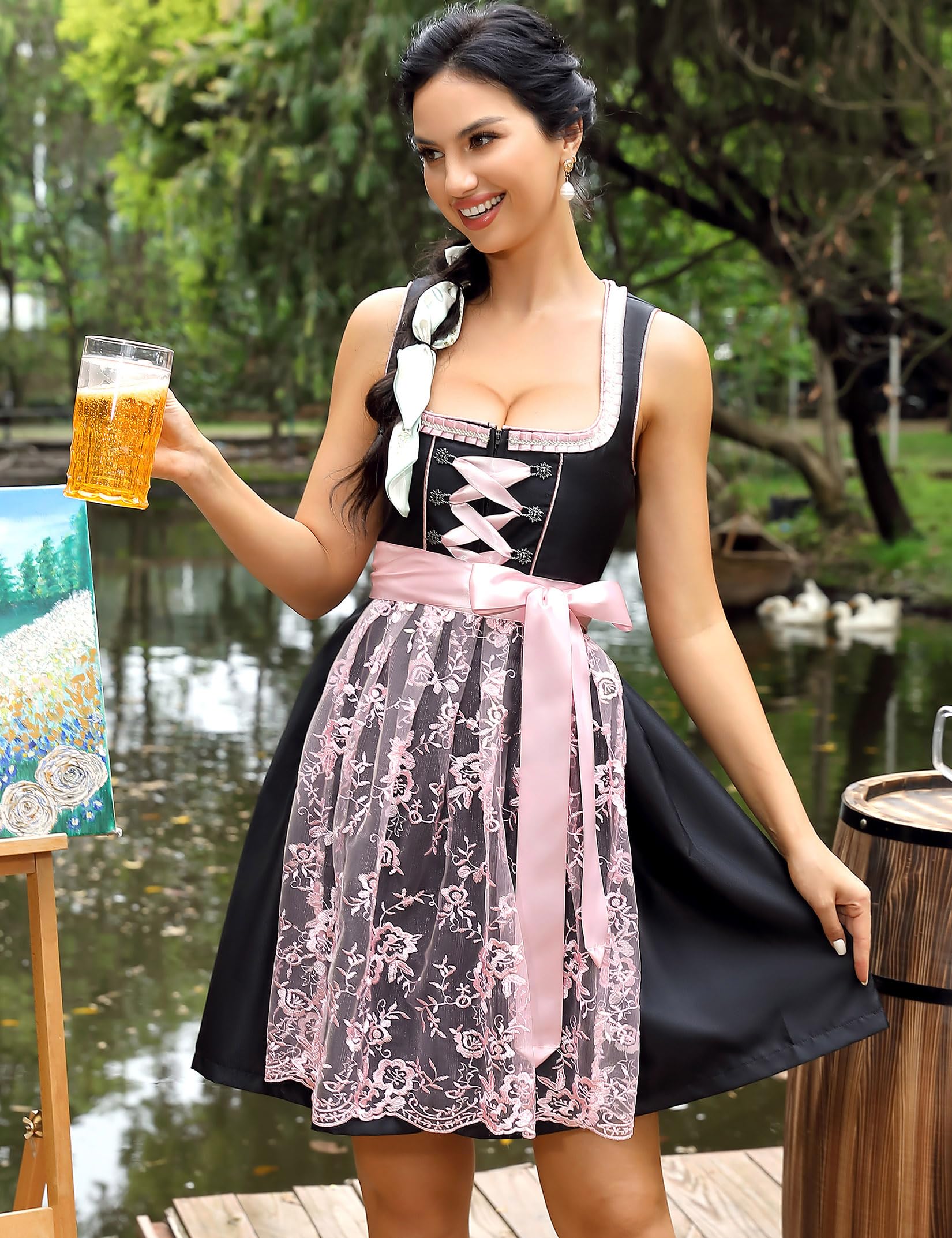 Garvee Dirndl da donna, abito tradizionale midi in 2 pezzi, corto con grembiule, nero/rosa, taglia 34