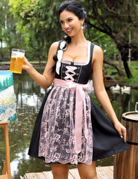 Garvee Dirndl da donna, abito tradizionale midi in 2 pezzi, corto con grembiule, nero/rosa, taglia 34