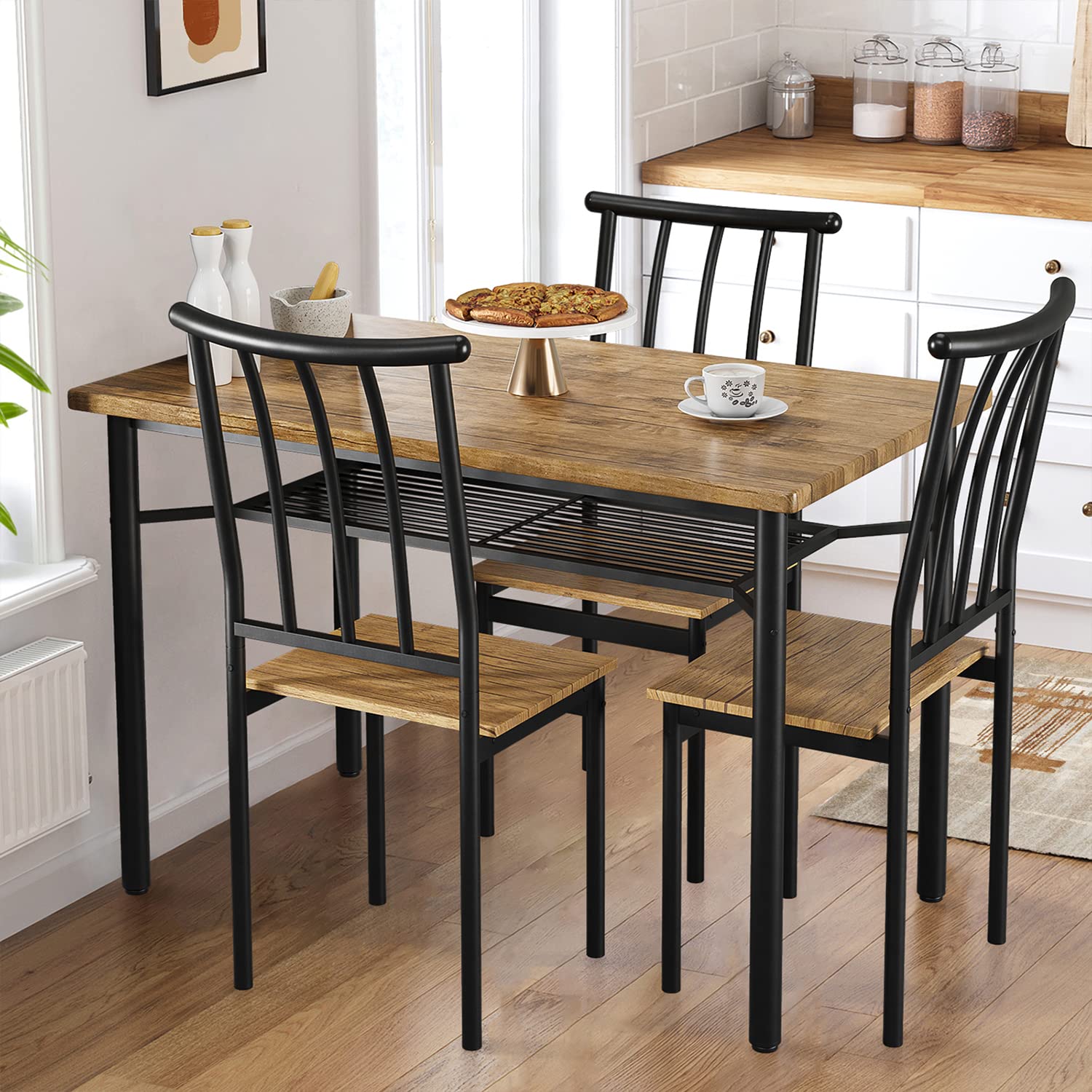 Set da pranzo Garvee per 4 persone con portabottiglie, in metallo e legno, rettangolare, marrone ruggine, salvaspazio per stanze e appartamenti di piccole dimensioni