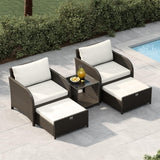 Set Garvee Mobili da Giardino in Rattan 5 Pezzi con 2 Poltrone, Poggiapiedi, Tavolino in Vetro per Balcone e Terrazza, Dimensioni Varie, Colore Naturale - Beige