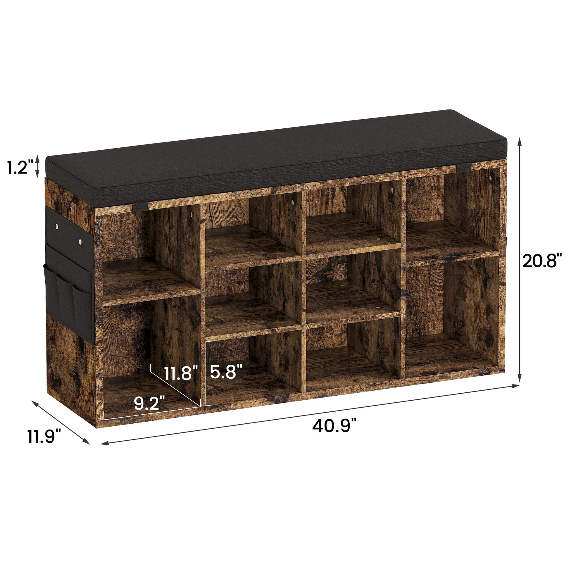 Scarpiera Garvee Bench con cuscino, 3 ripiani regolabili, 10 scomparti, legno robusto, rivestimento lavabile, marrone, 104 cm, per corridoio e camera da letto