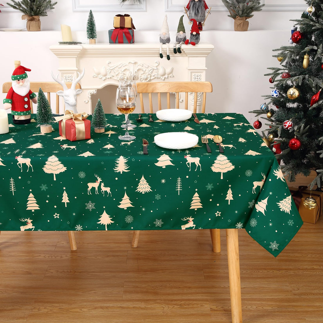 Garvee Obrus Boże Narodzenie Tovaglia con motivo cervo impermeabile lavabile 137x137 cm verde per cucina e feste festive
