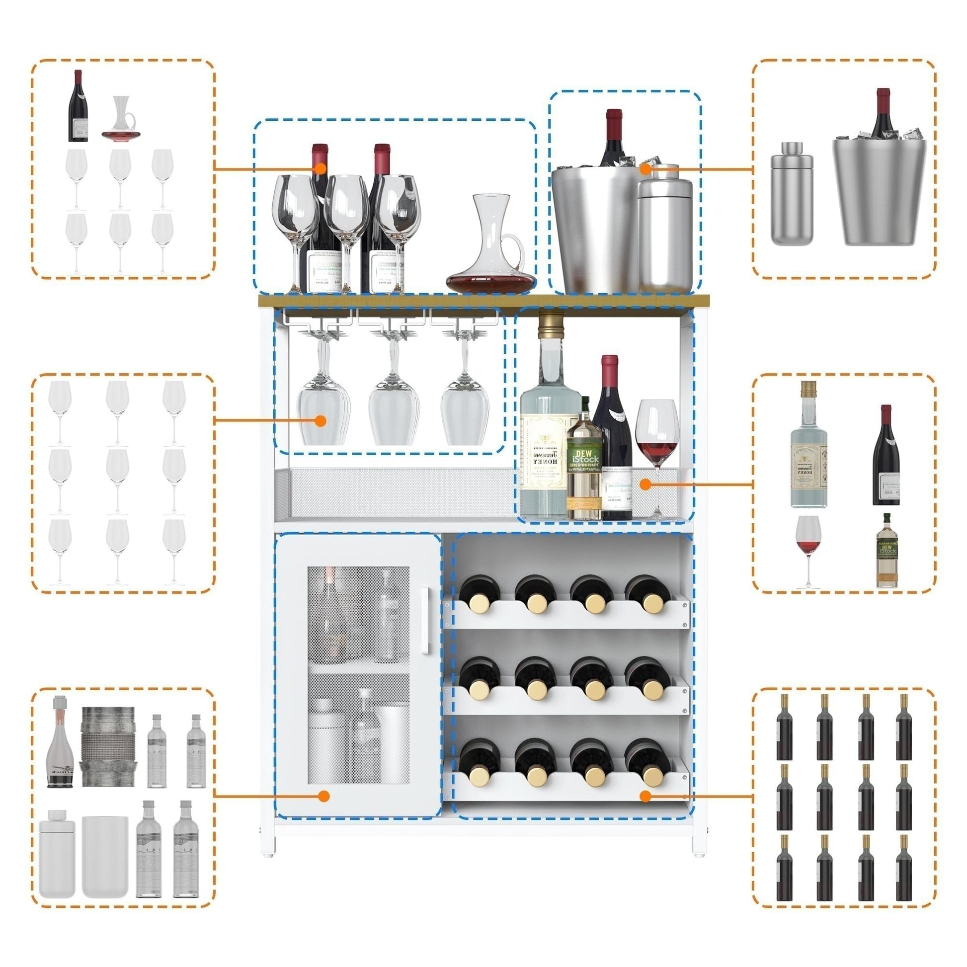 Mobile bar per vino Garvee, 3 ripiani con portabottiglie rimovibile per cucina e bar, 69,1 cm L x 35,1 cm P x 91,9 cm A, bianco, robusto MDF e ferro