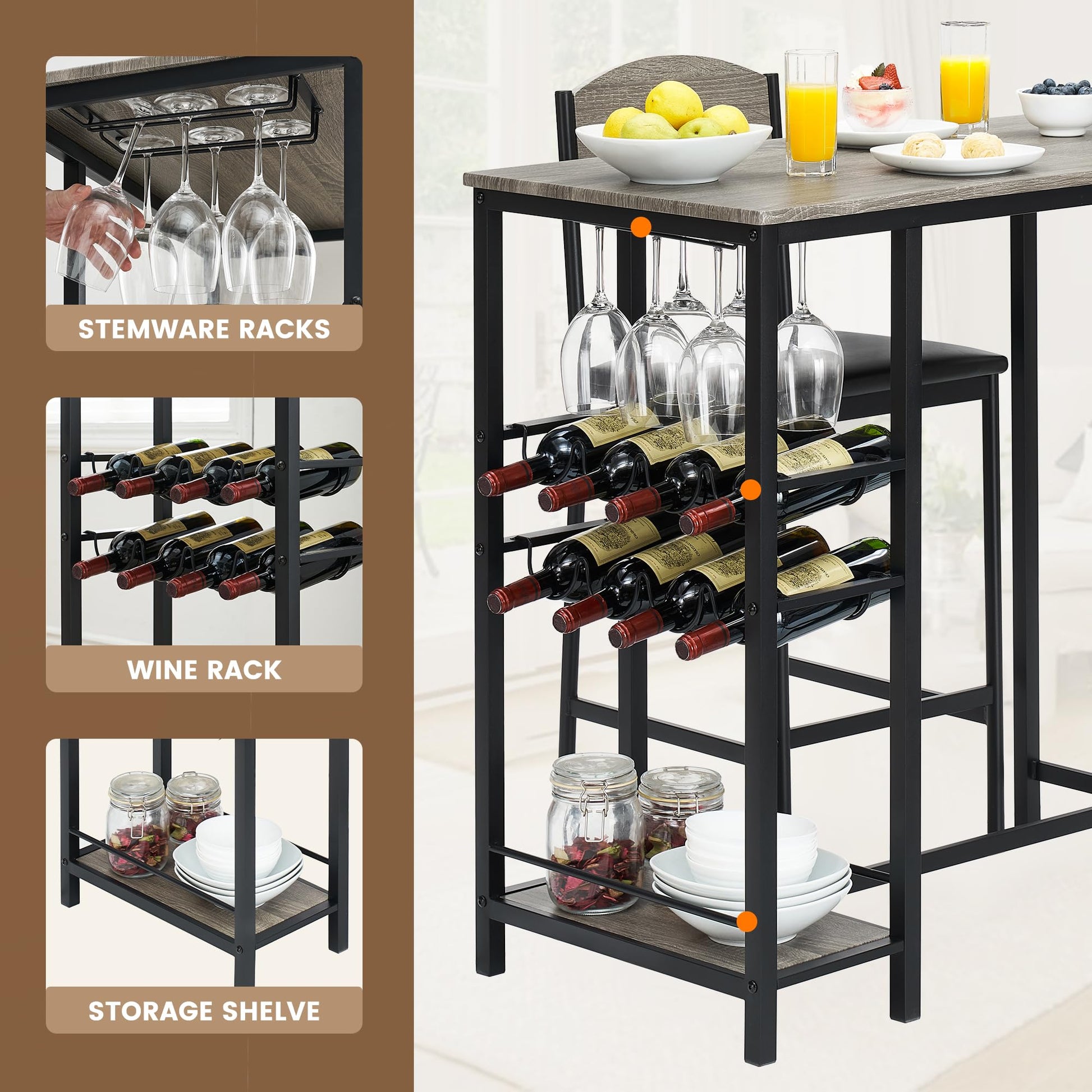 Set tavolo da bar Garvee per 2 persone con poggiapiedi, sedie imbottite, metallo robusto e MDF, grigio, per cucina e bar