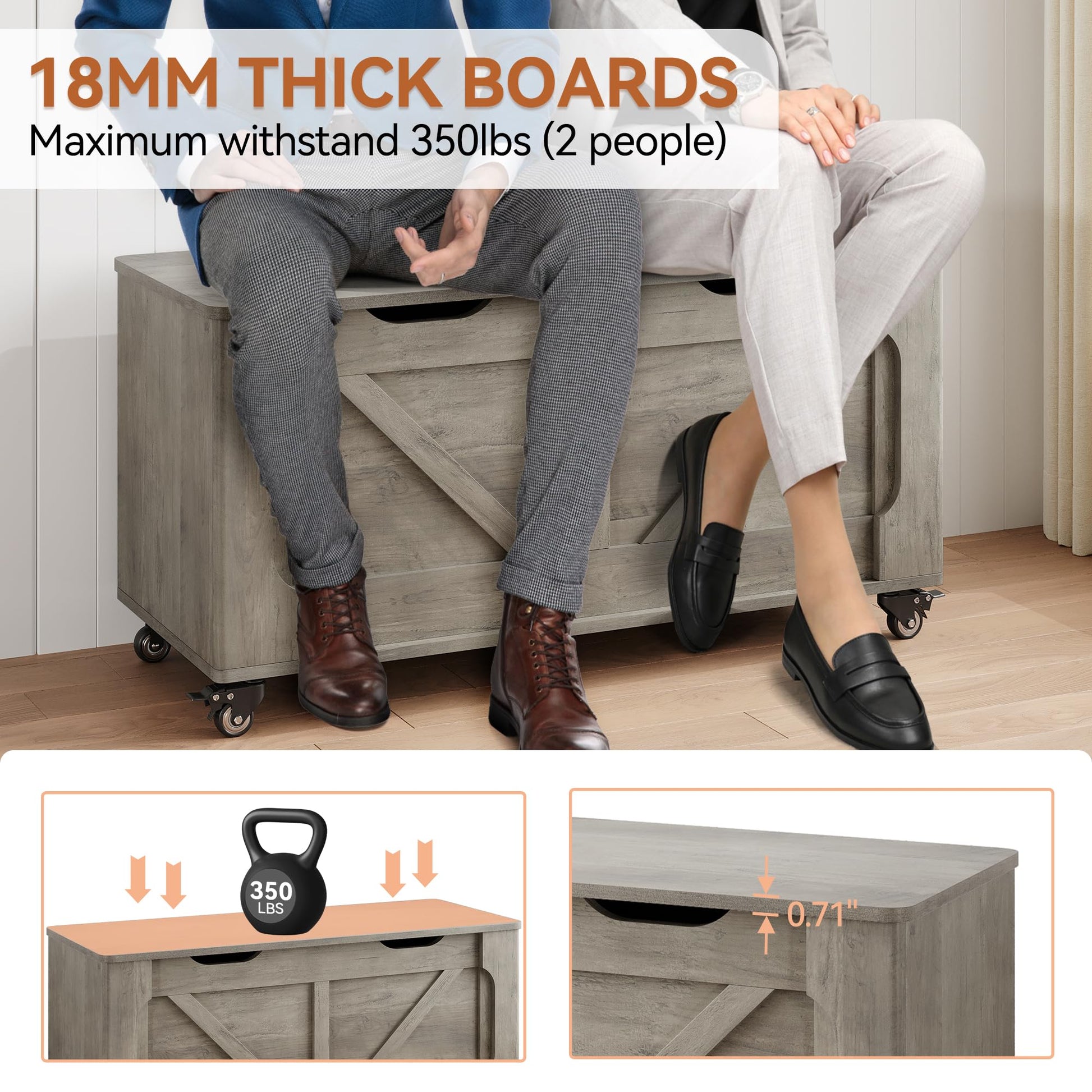 Panca portaoggetti Garvee con ruote, cassapanca in legno da 39,4", capacità di carico di 350 libbre, grigia, per corridoio e soggiorno, versatile