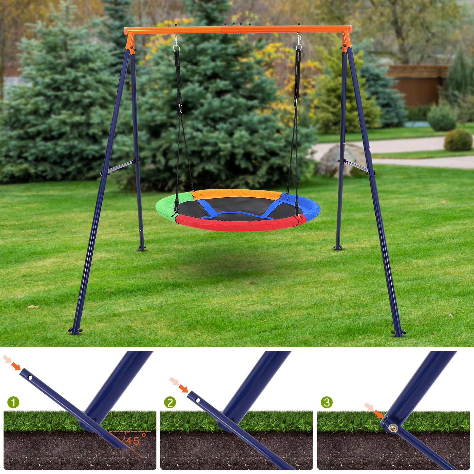 Altalena da esterno Garvee con robusta struttura in metallo a forma di A, capacità di carico di 200 kg, altalena a disco rotonda regolabile, 192x167x187 cm, nero